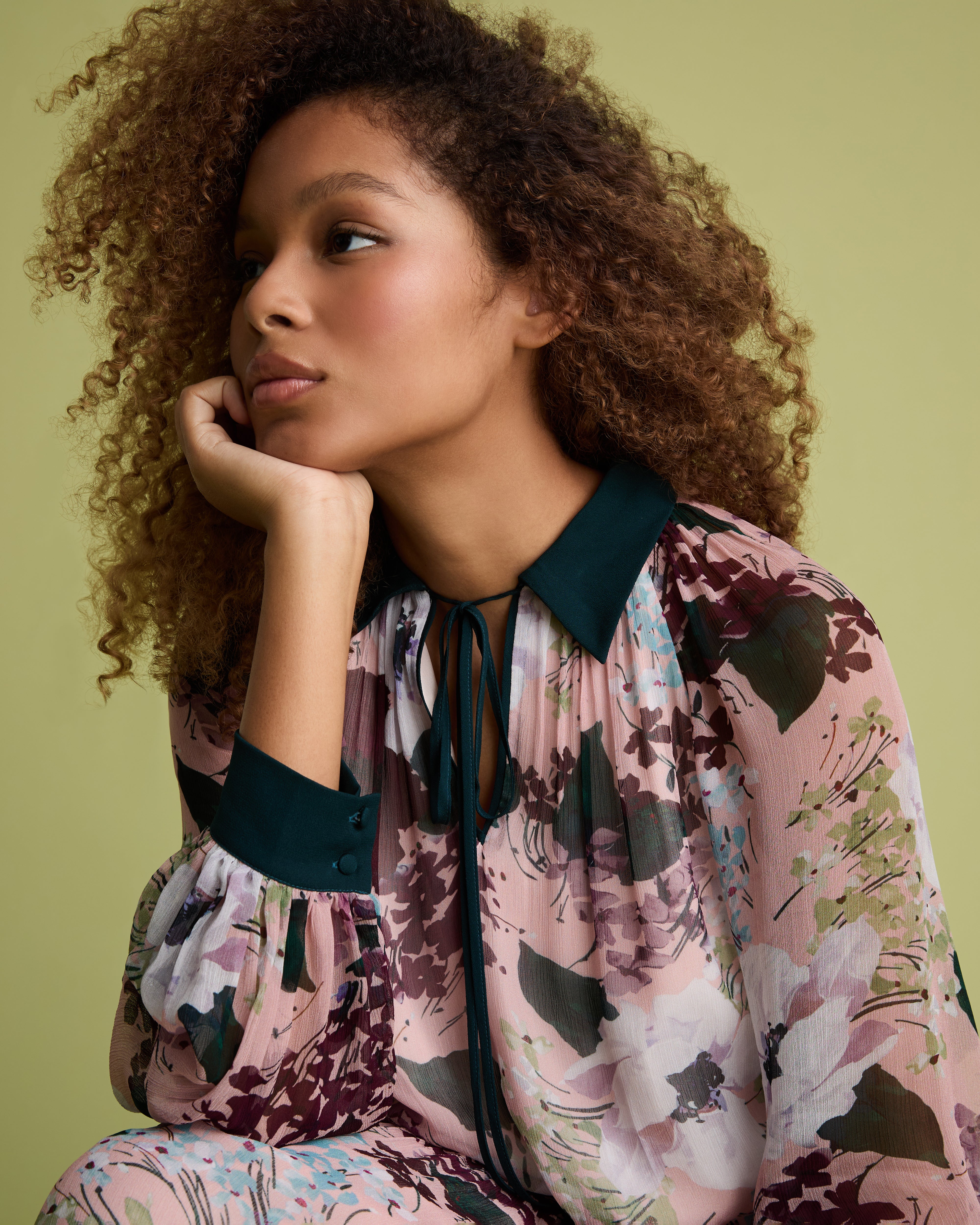 Pink Floral Print Blouson Sleeve Midi Dress