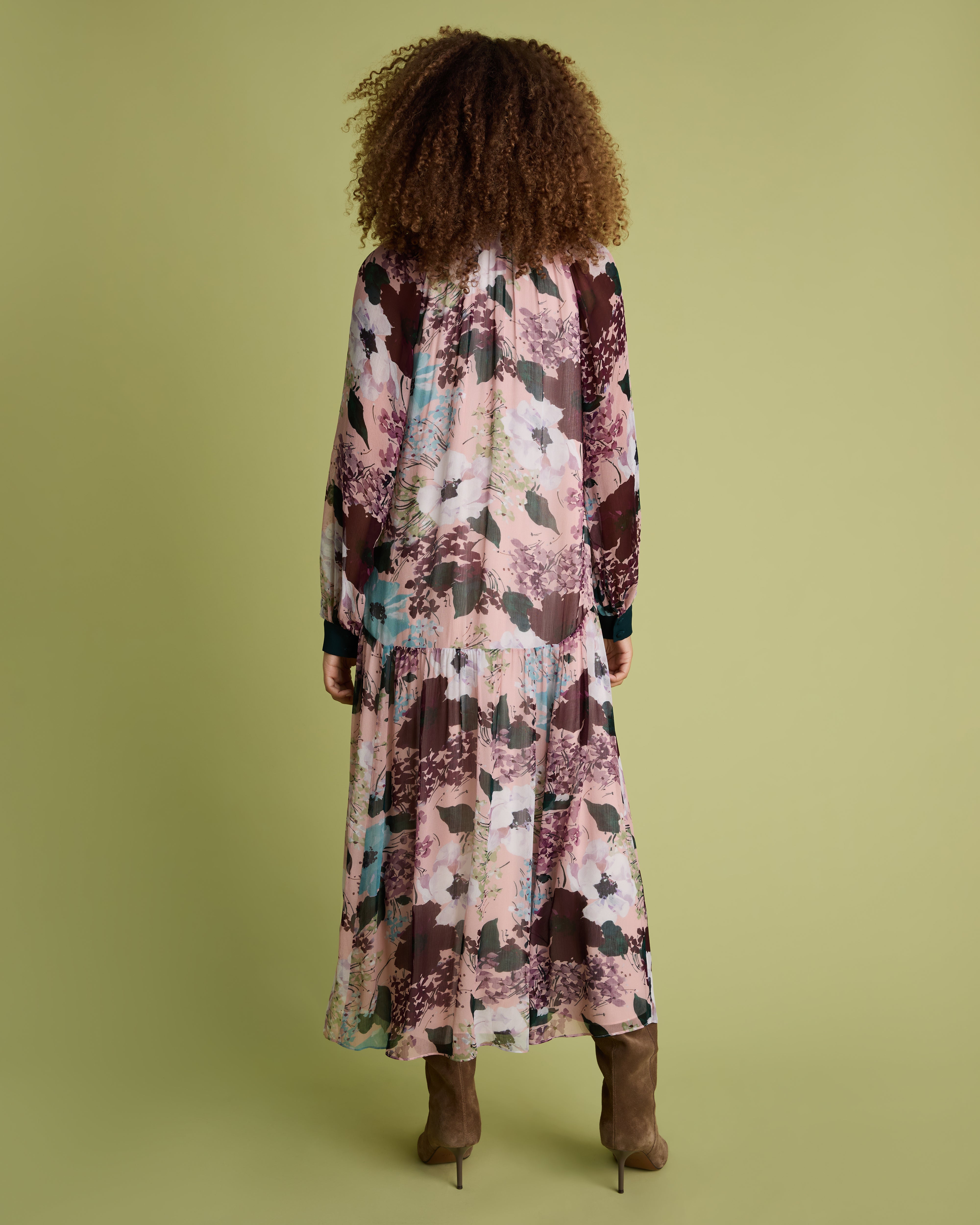 Pink Floral Print Blouson Sleeve Midi Dress