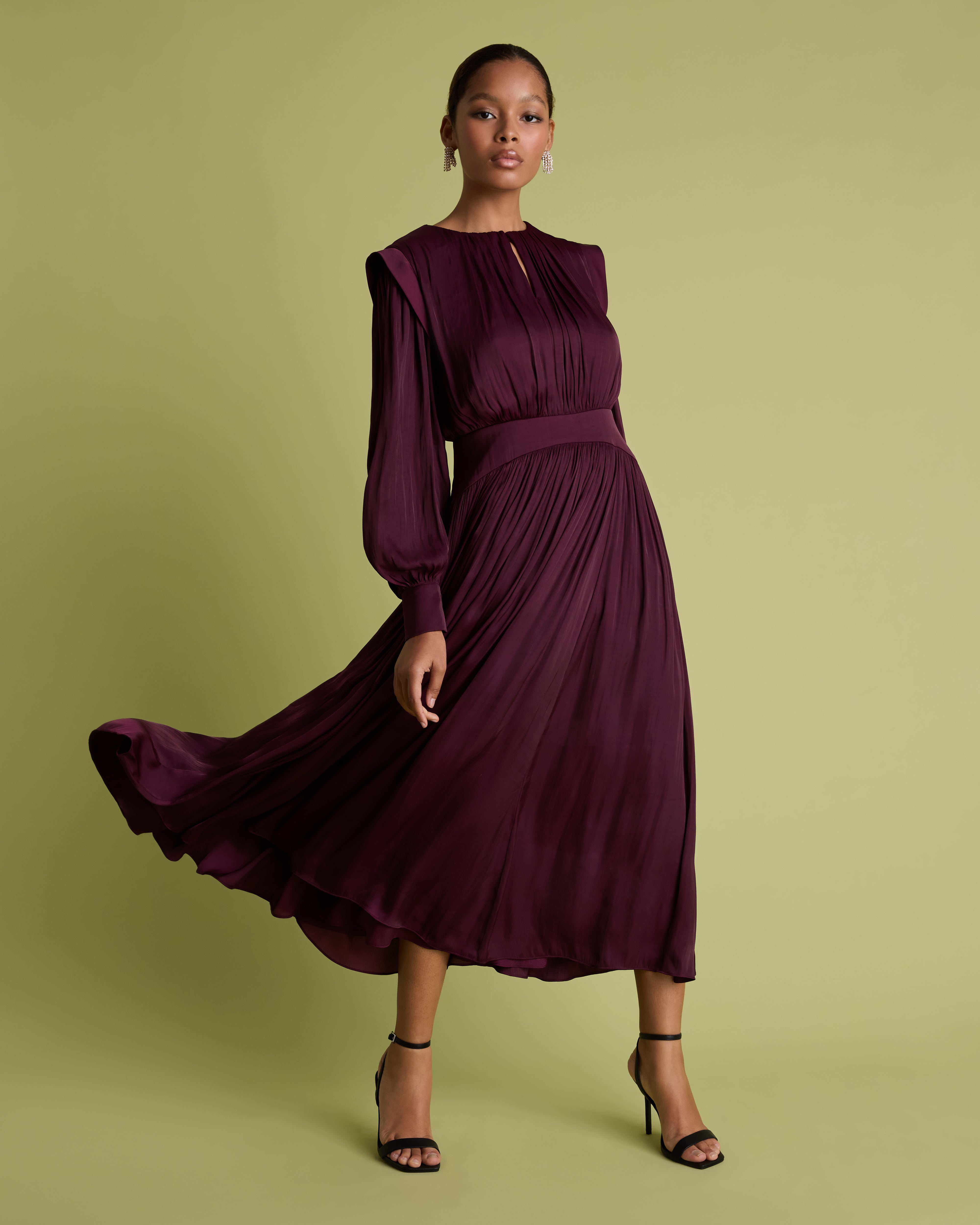 Burgundy Blouson Sleeve Fit and Flare Midi Dress