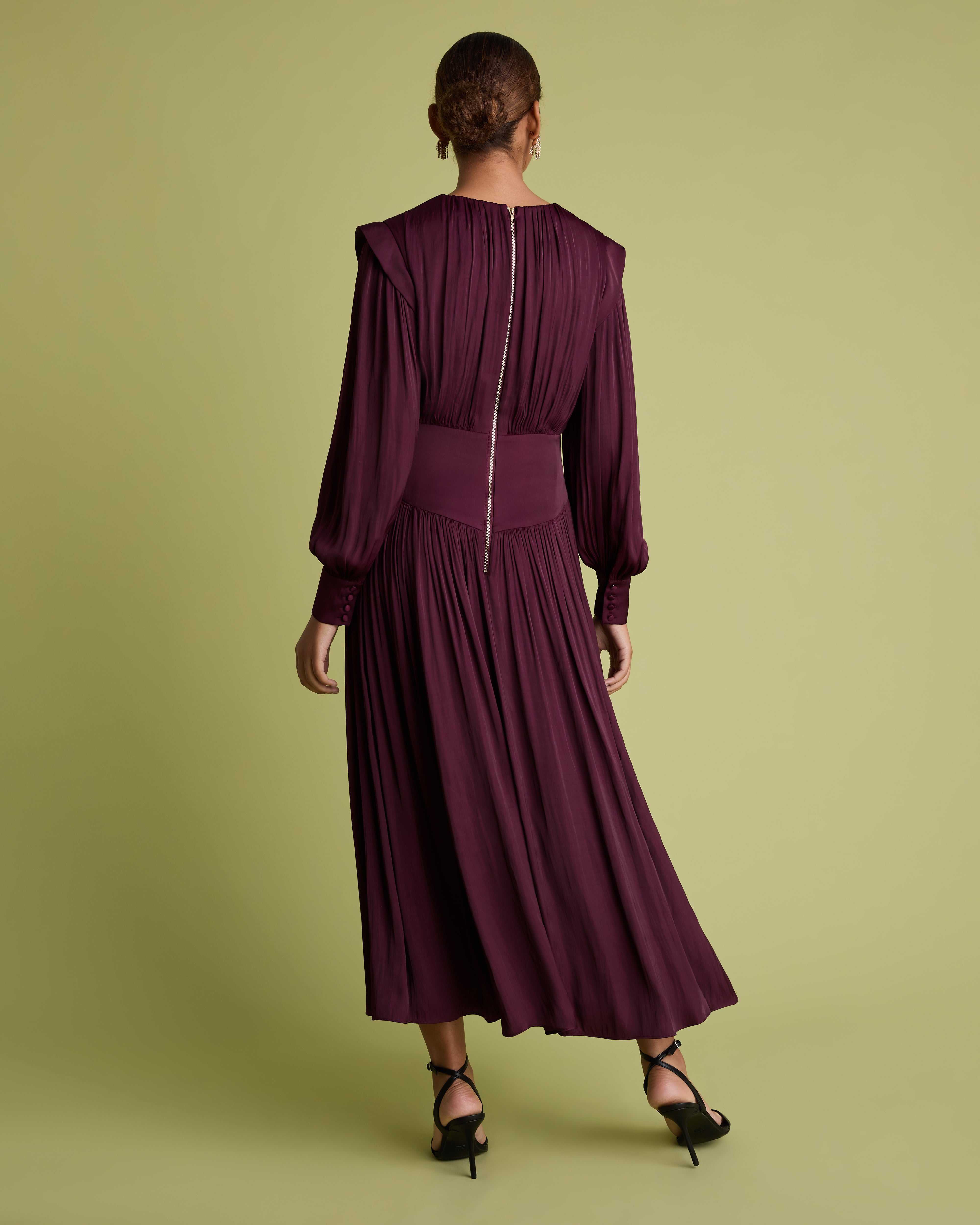 Burgundy Blouson Sleeve Fit and Flare Midi Dress