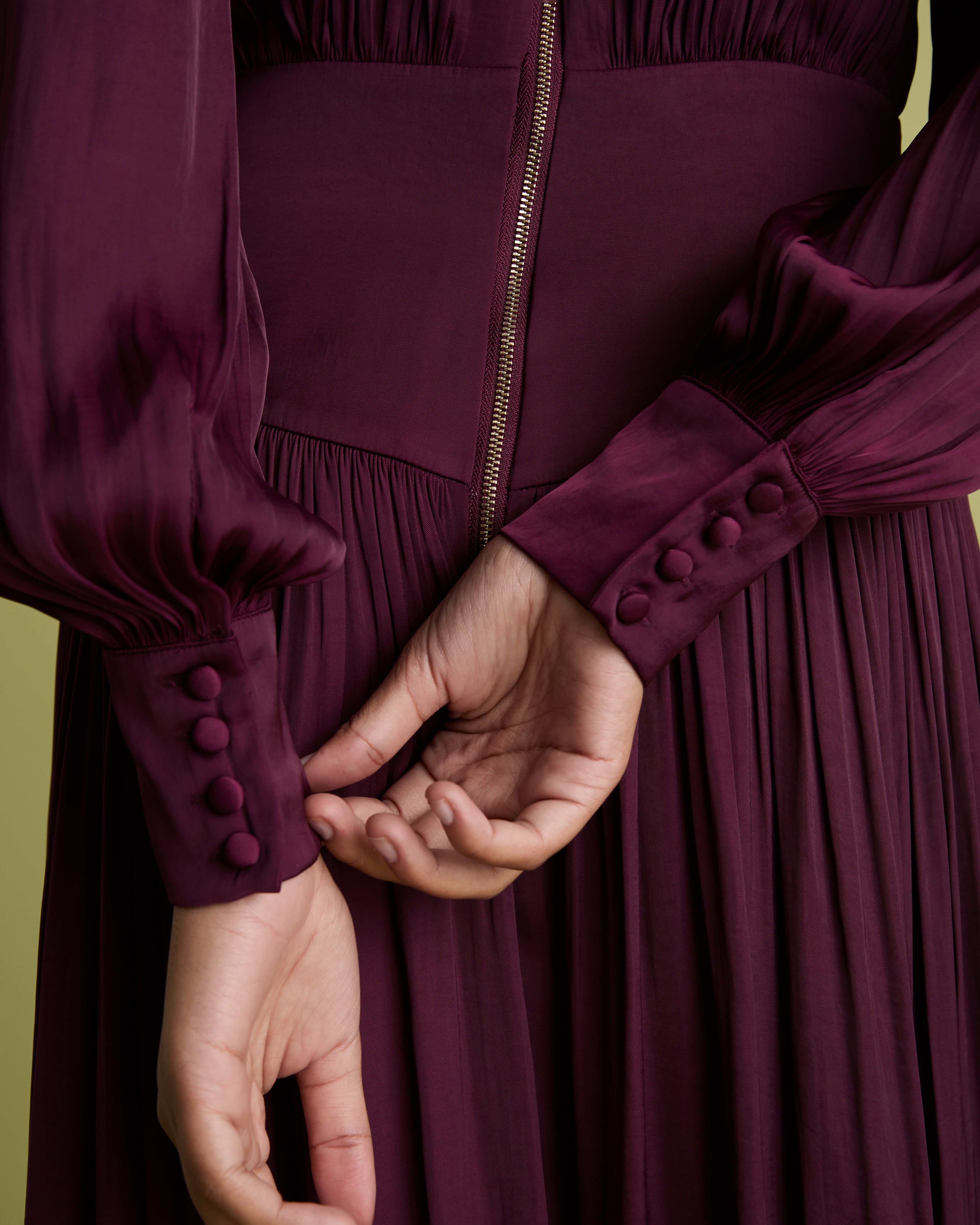 Burgundy Blouson Sleeve Fit and Flare Midi Dress