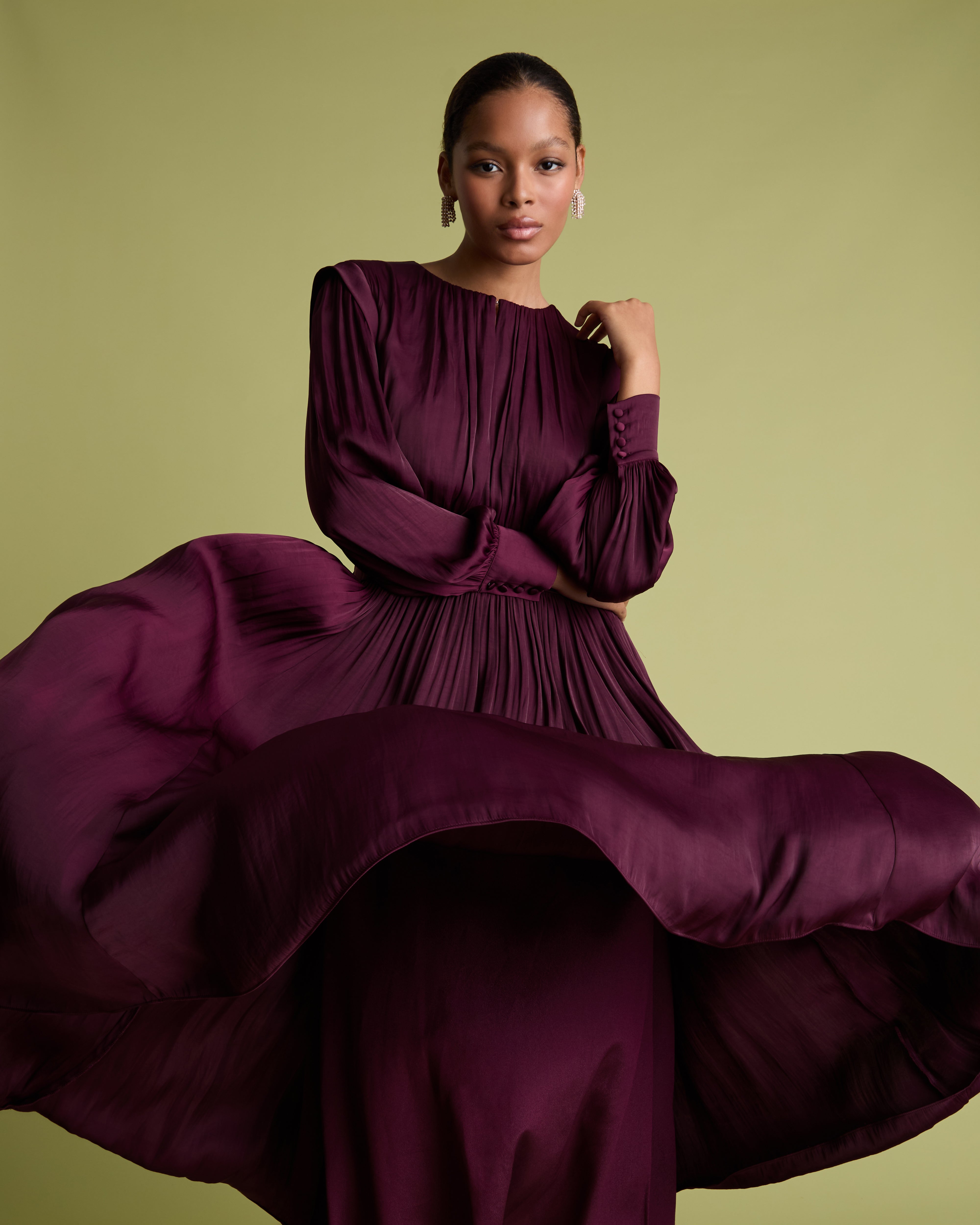 Burgundy Blouson Sleeve Fit and Flare Midi Dress