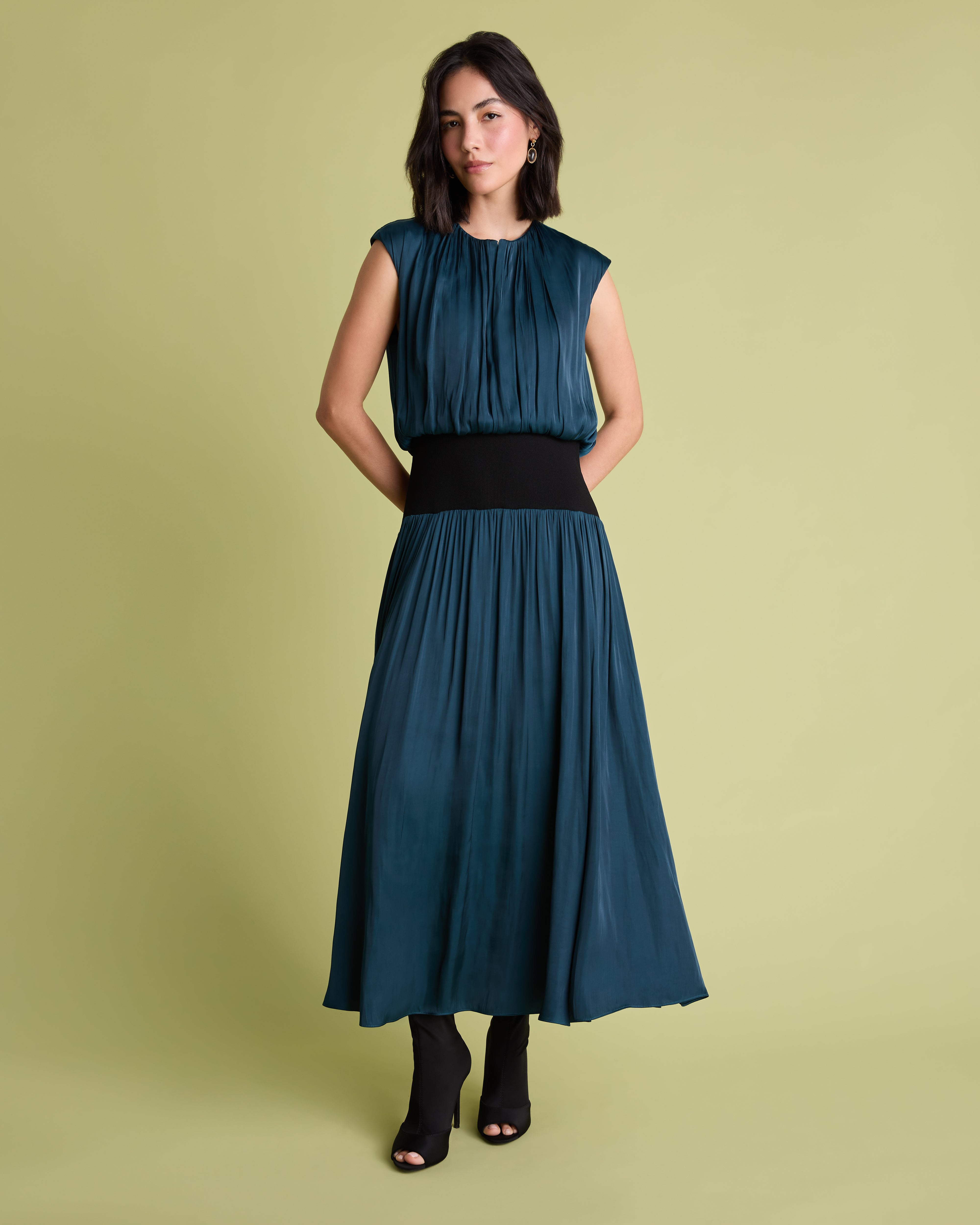 Teal Rib Knit and Satin Fit and Flare Midi Dress