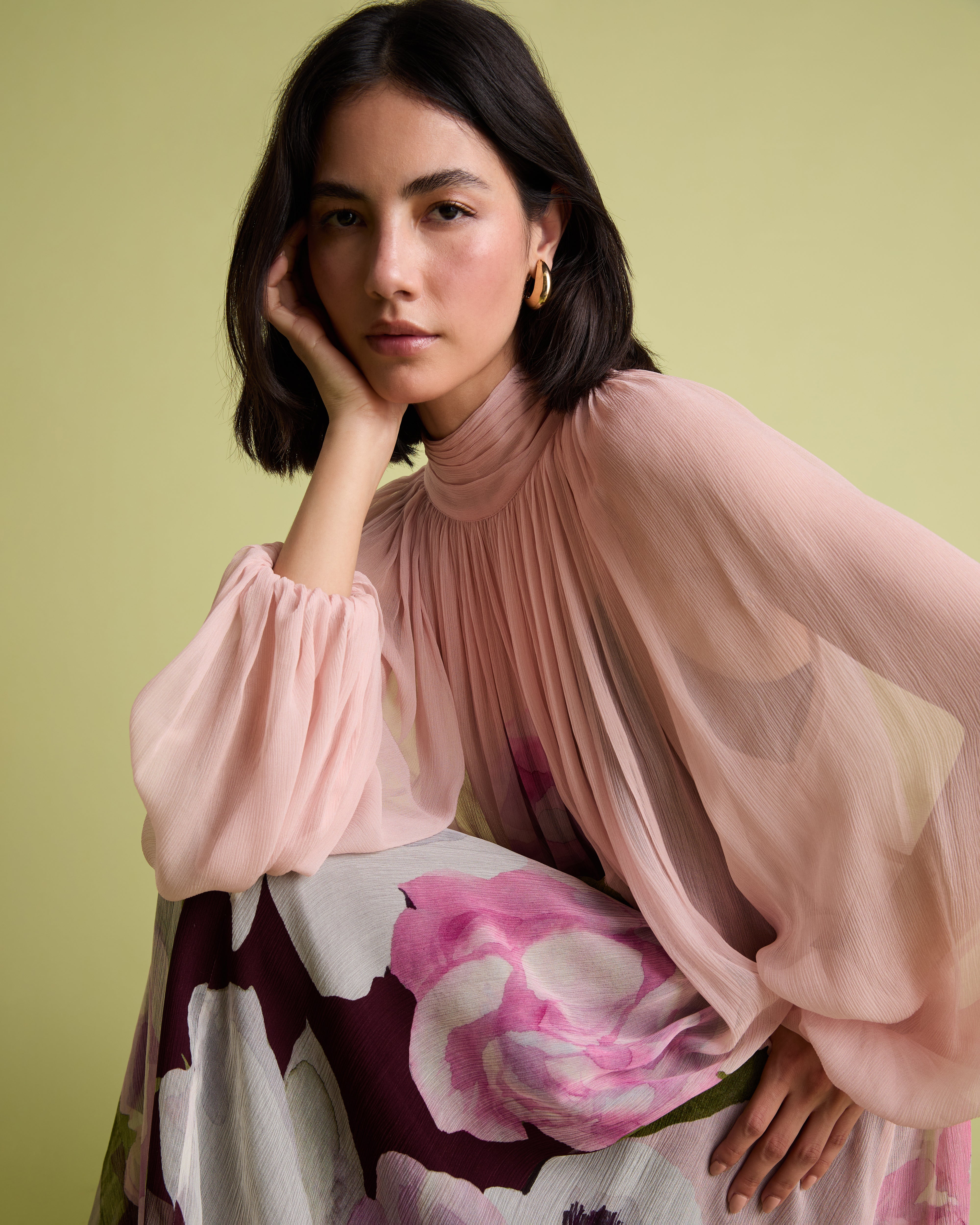 Pink Floral Blouson Sleeve Midi Dress