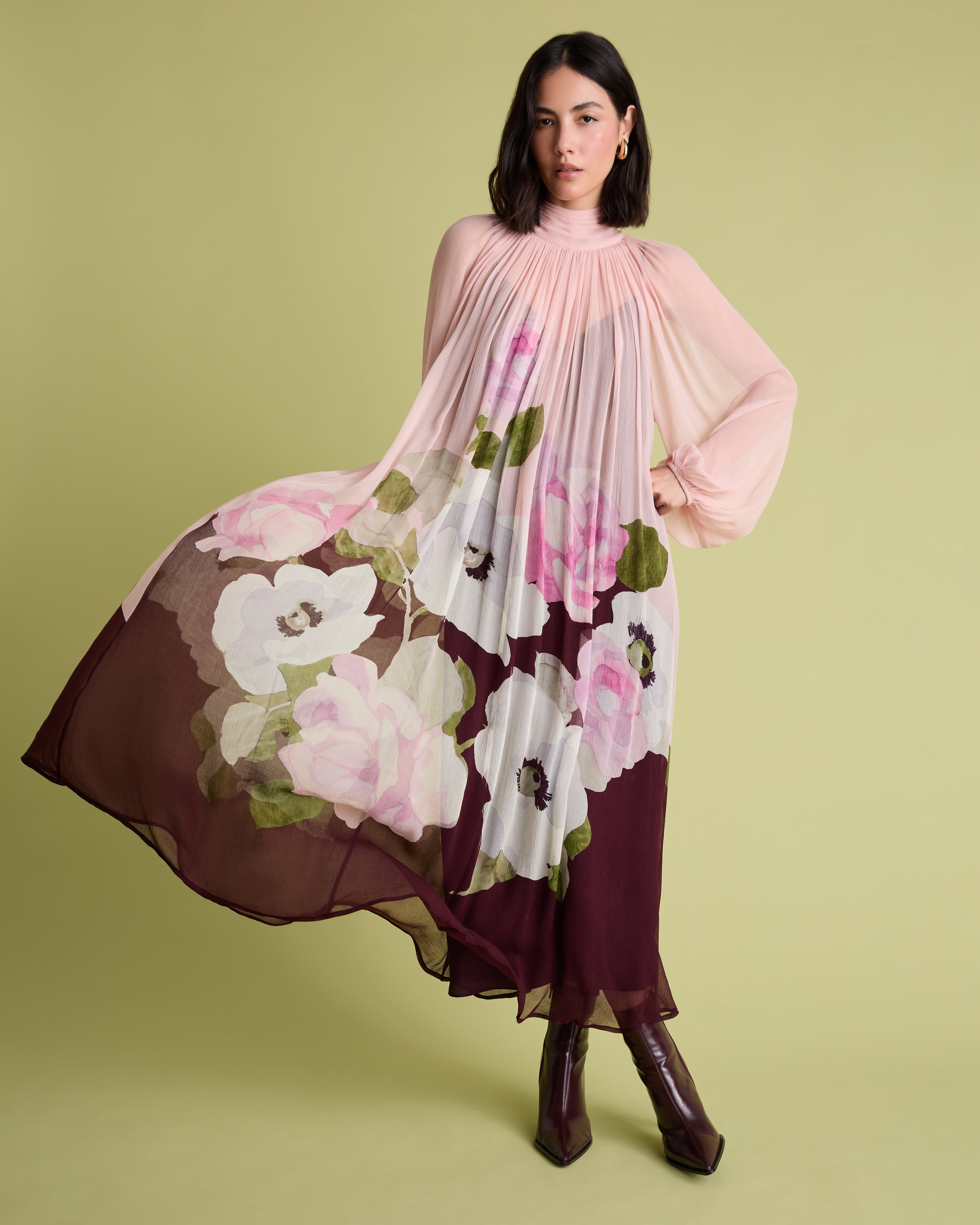 Pink Floral Blouson Sleeve Midi Dress