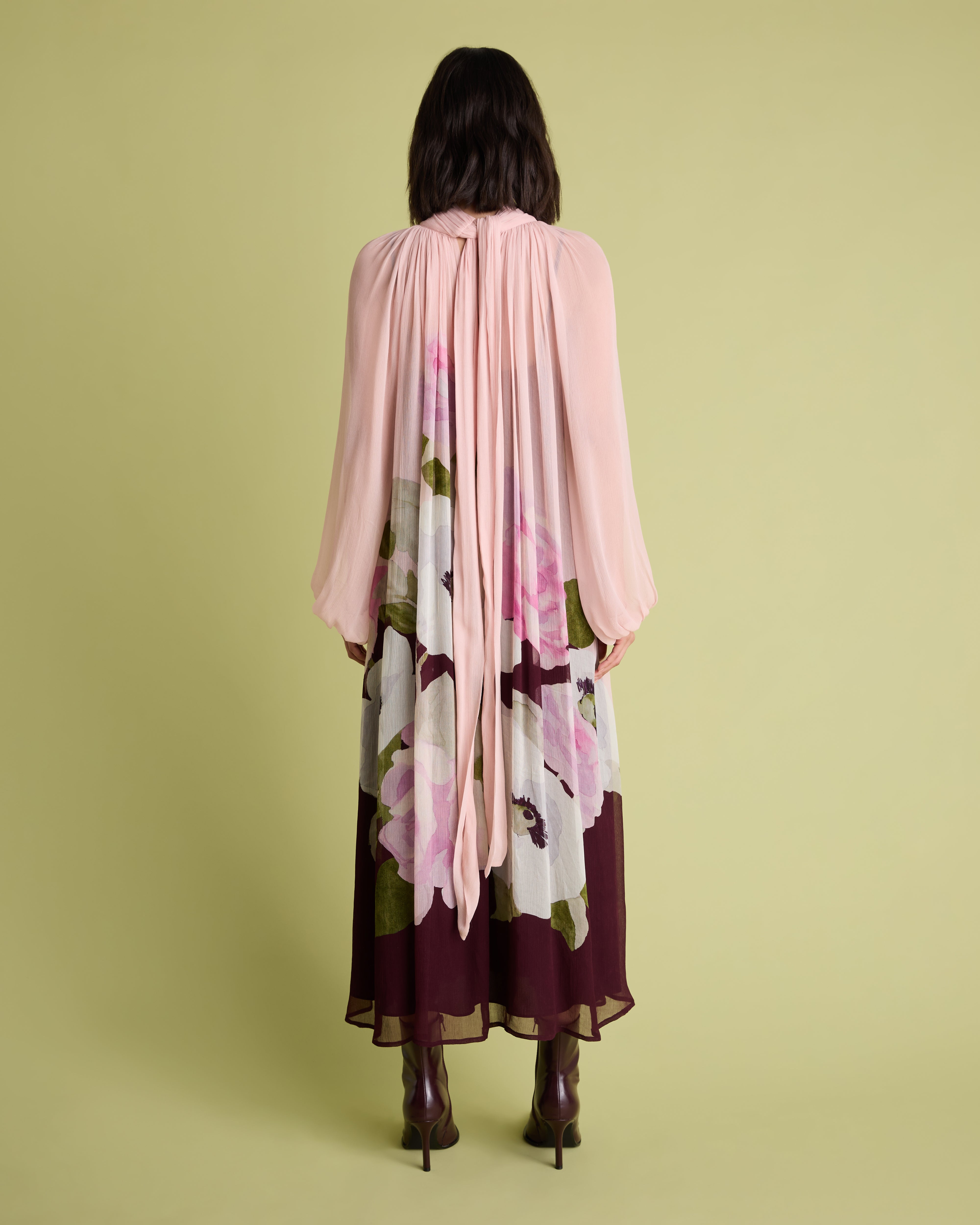 Pink Floral Blouson Sleeve Midi Dress