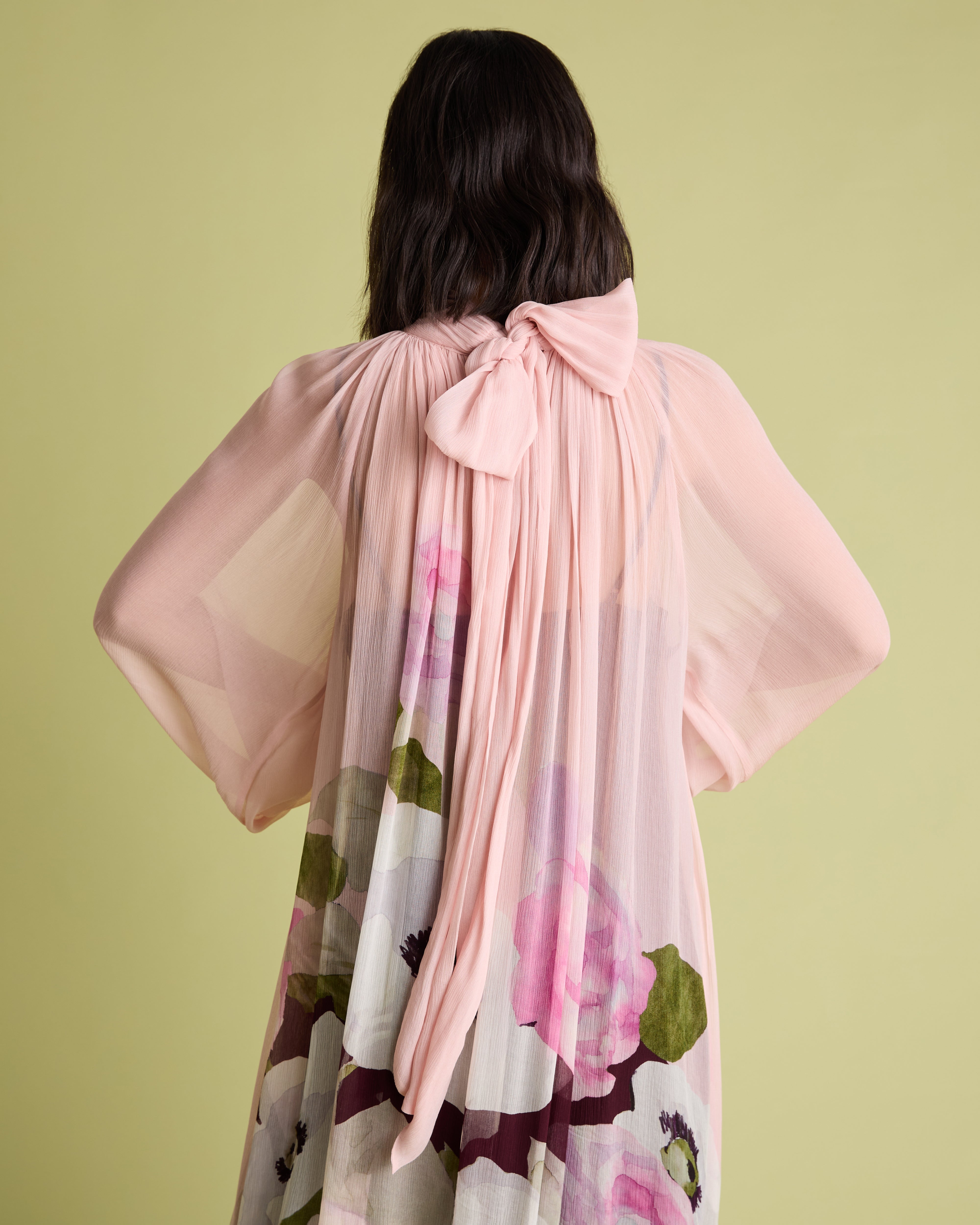 Pink Floral Blouson Sleeve Midi Dress