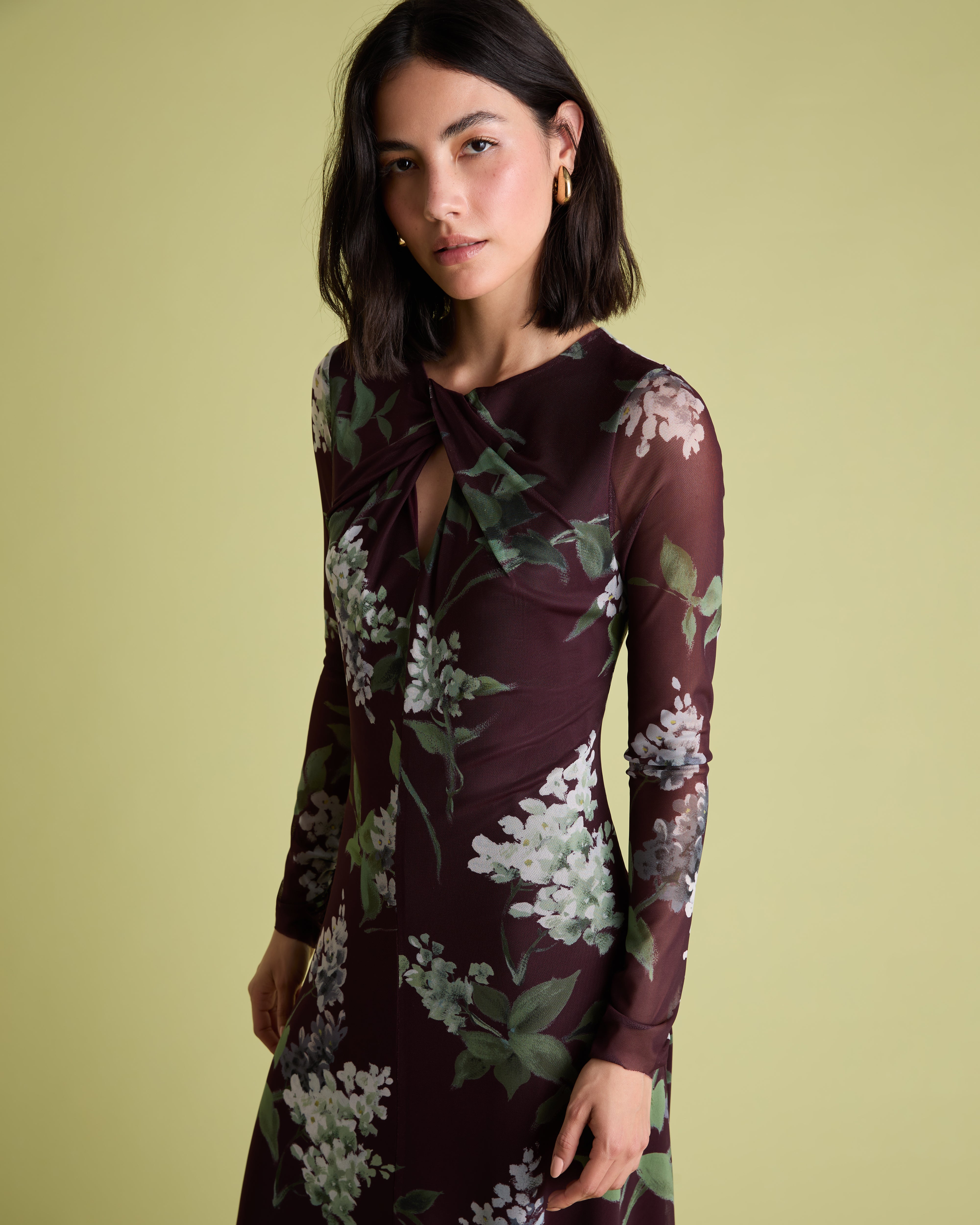 Burgundy Long Sleeved Floral Mesh Midi Dress