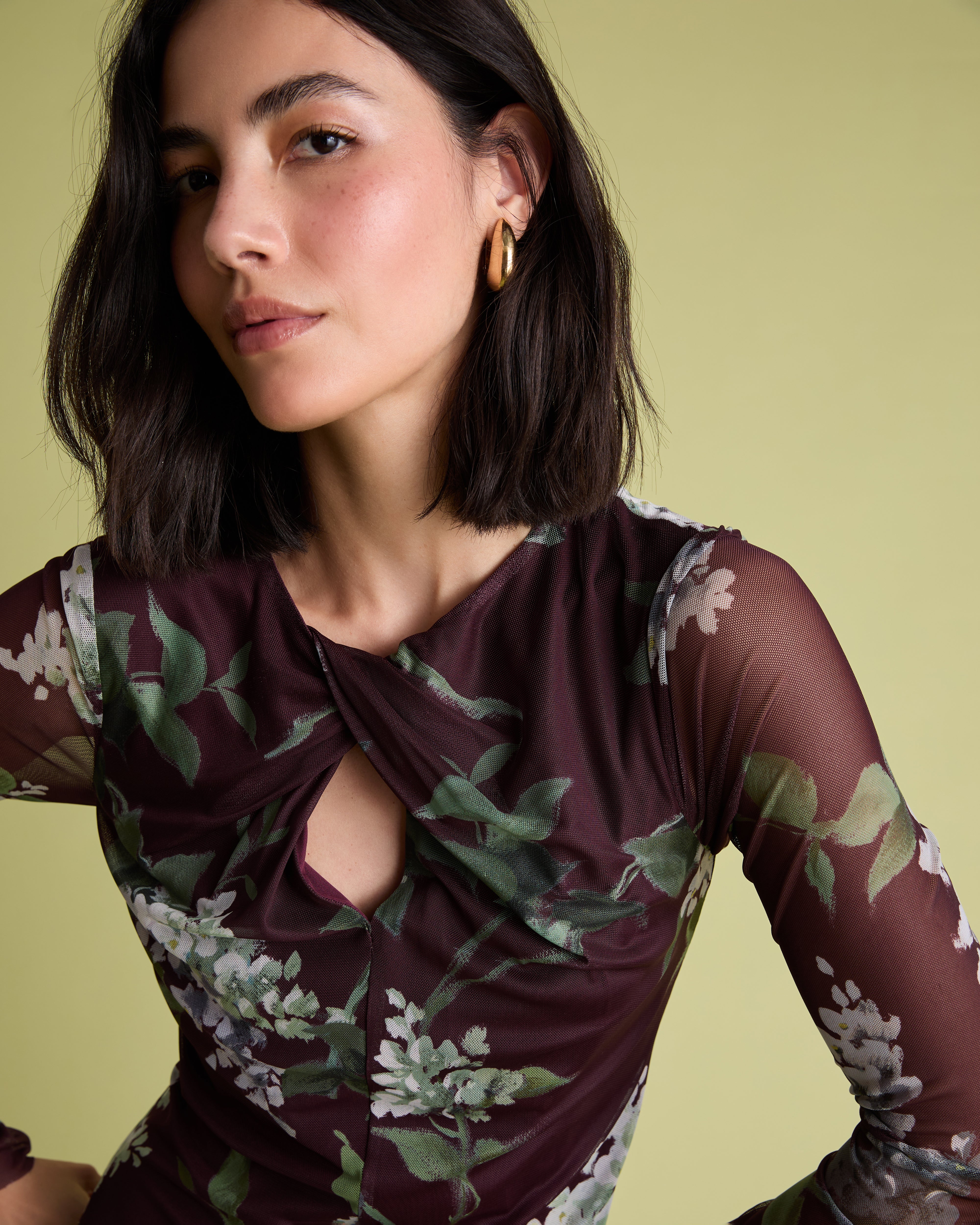 Burgundy Long Sleeved Floral Mesh Midi Dress