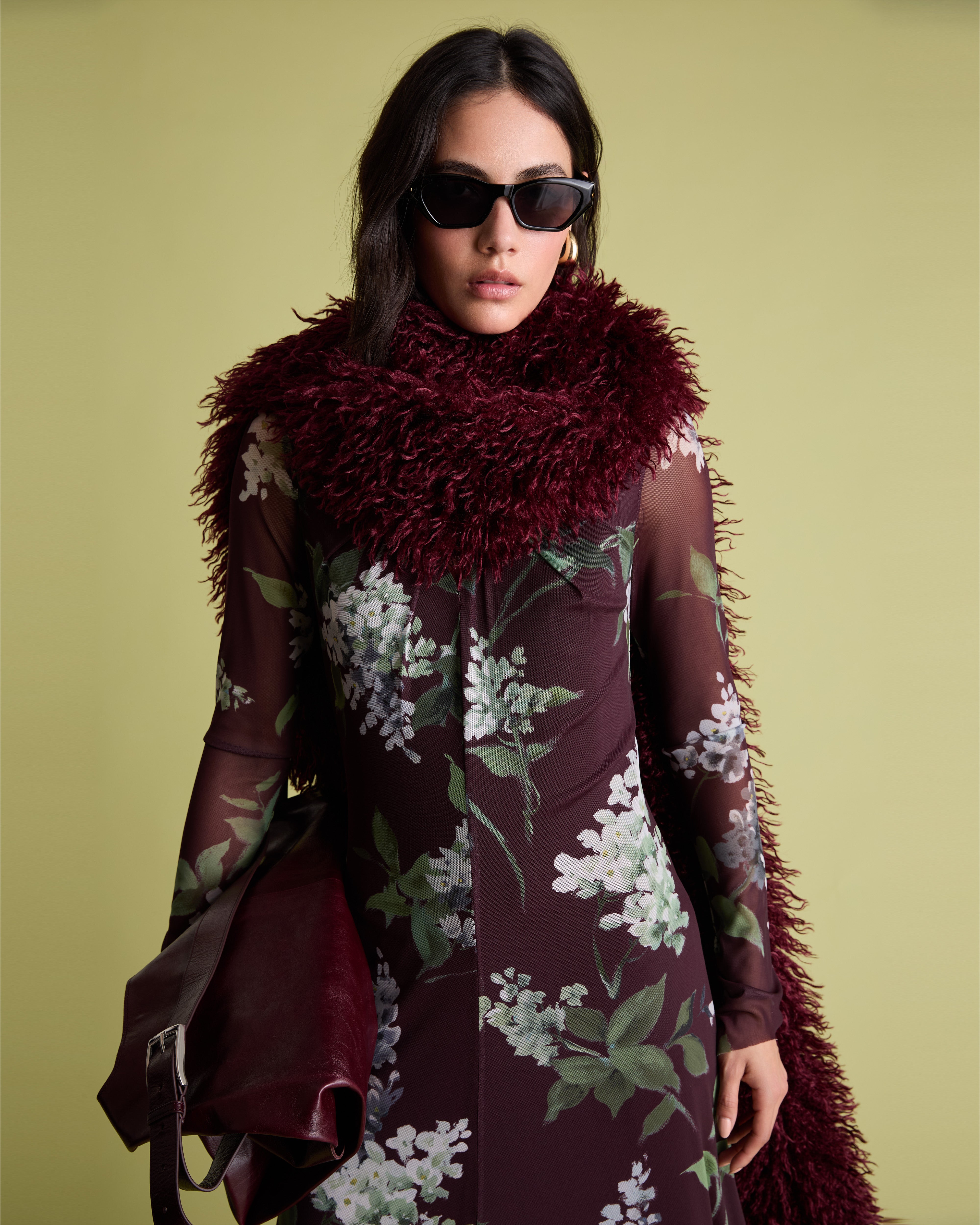 Burgundy Long Sleeved Floral Mesh Midi Dress