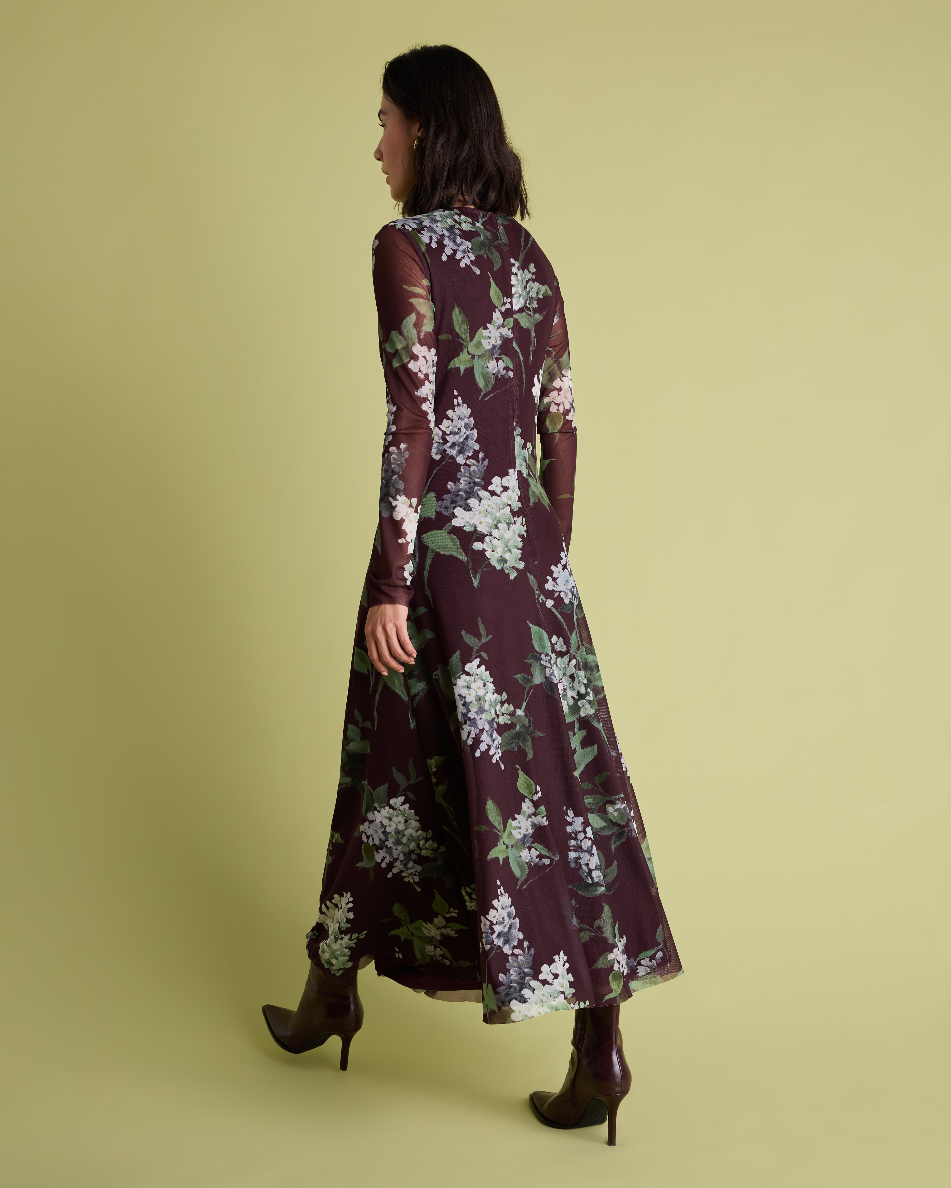 Burgundy Long Sleeved Floral Mesh Midi Dress