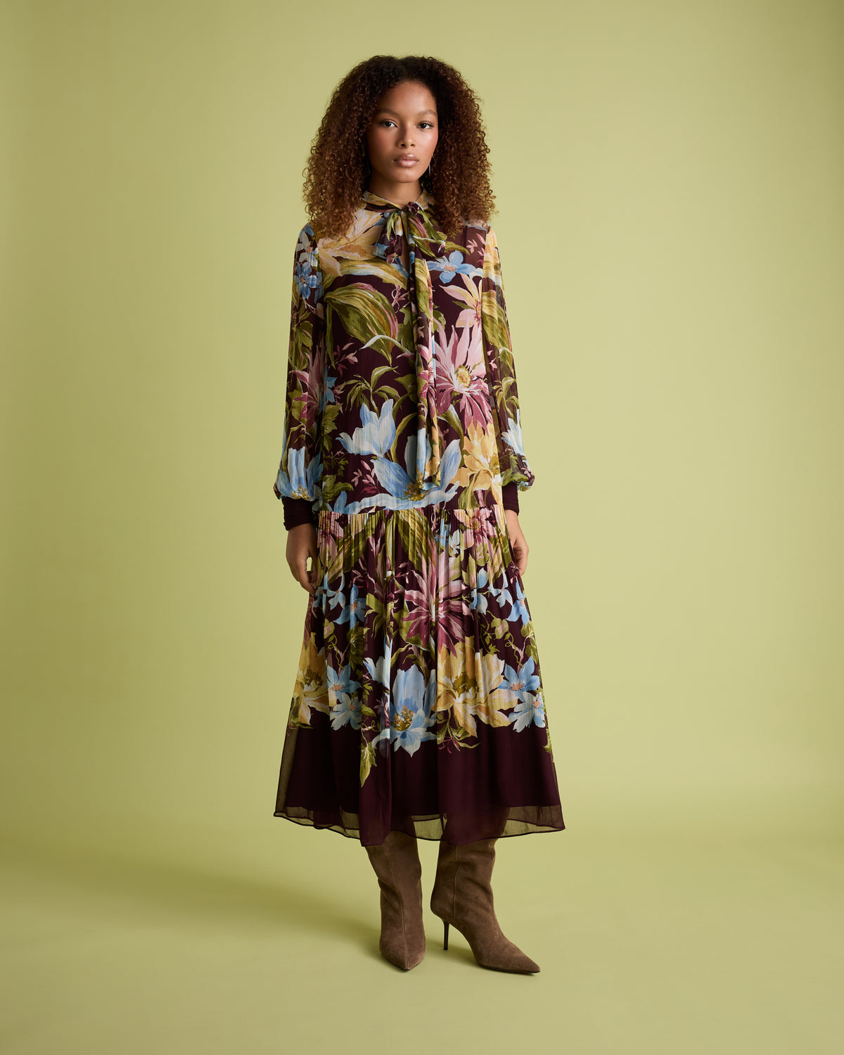 Floral Printed Midi Dress with Long Sleeves