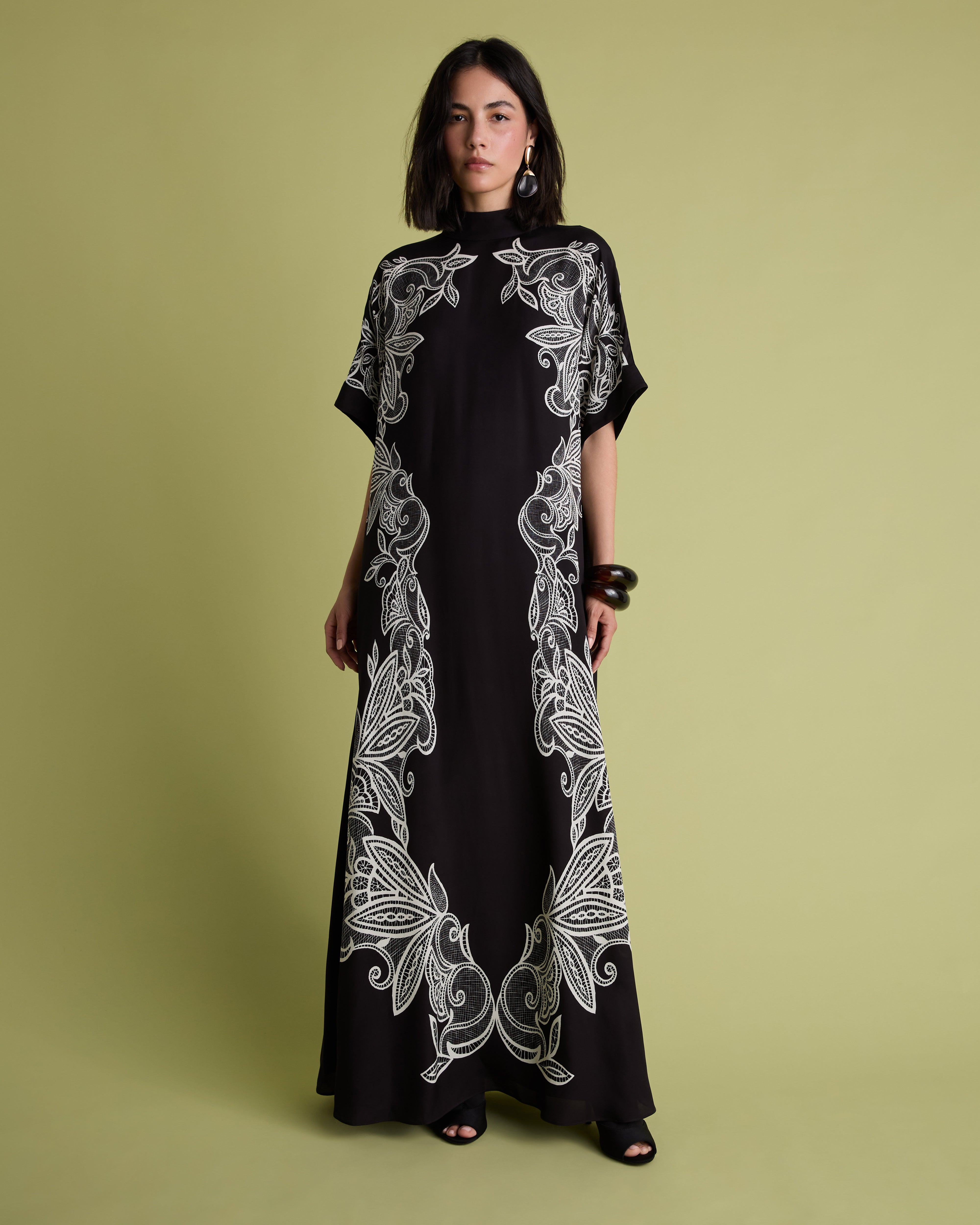 Black Lace Print Maxi Column Dress