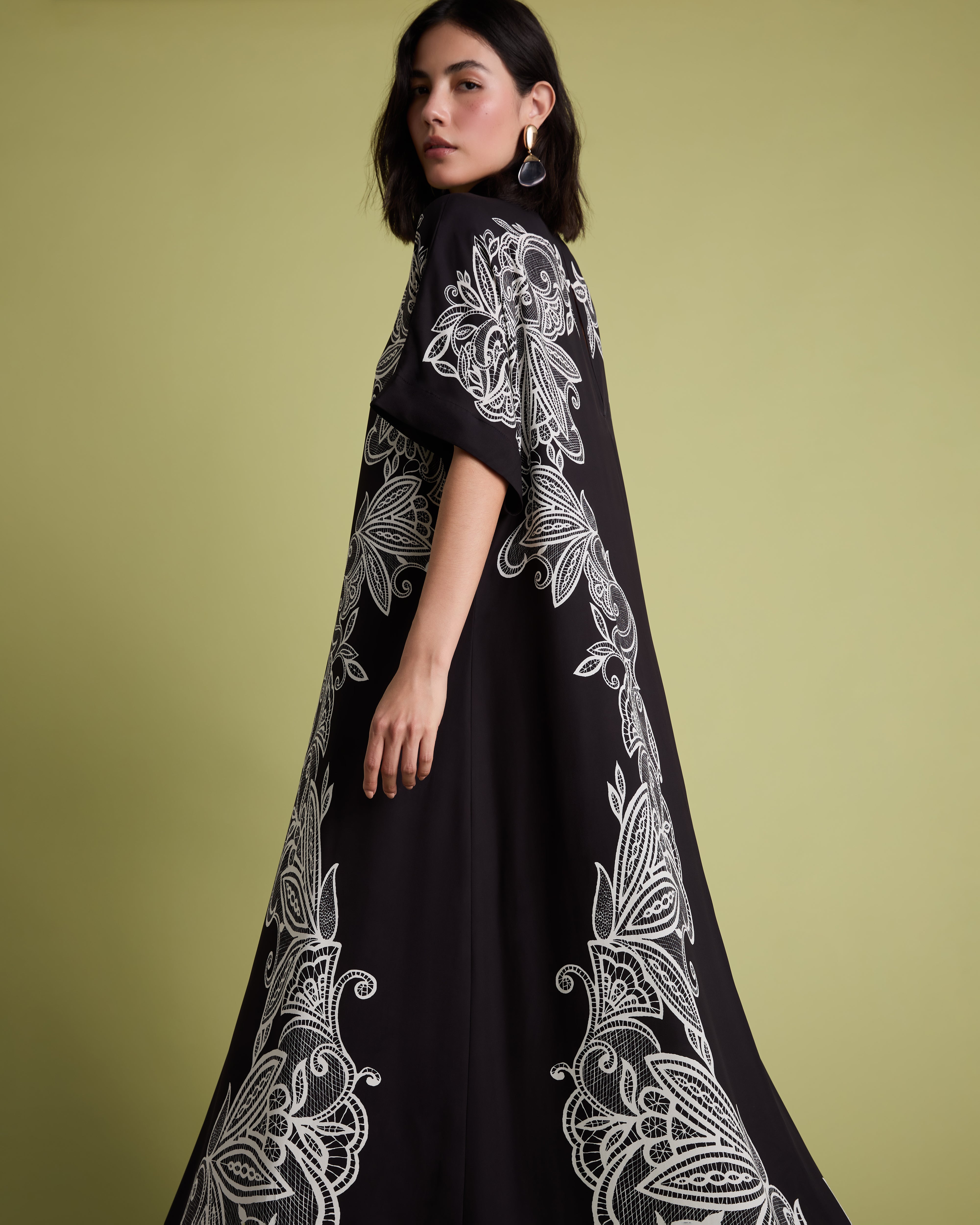Black Lace Print Maxi Column Dress