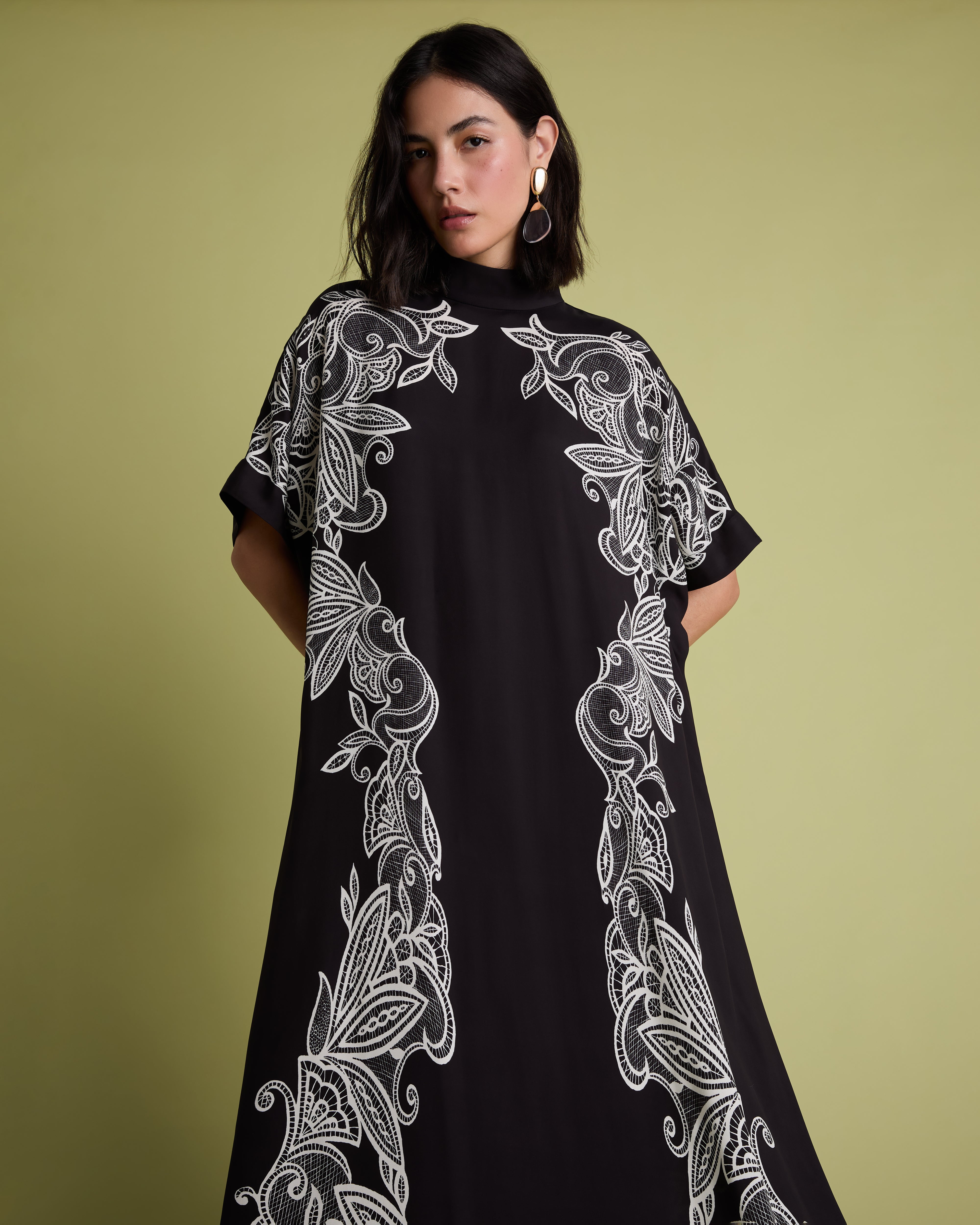 Black Lace Print Maxi Column Dress