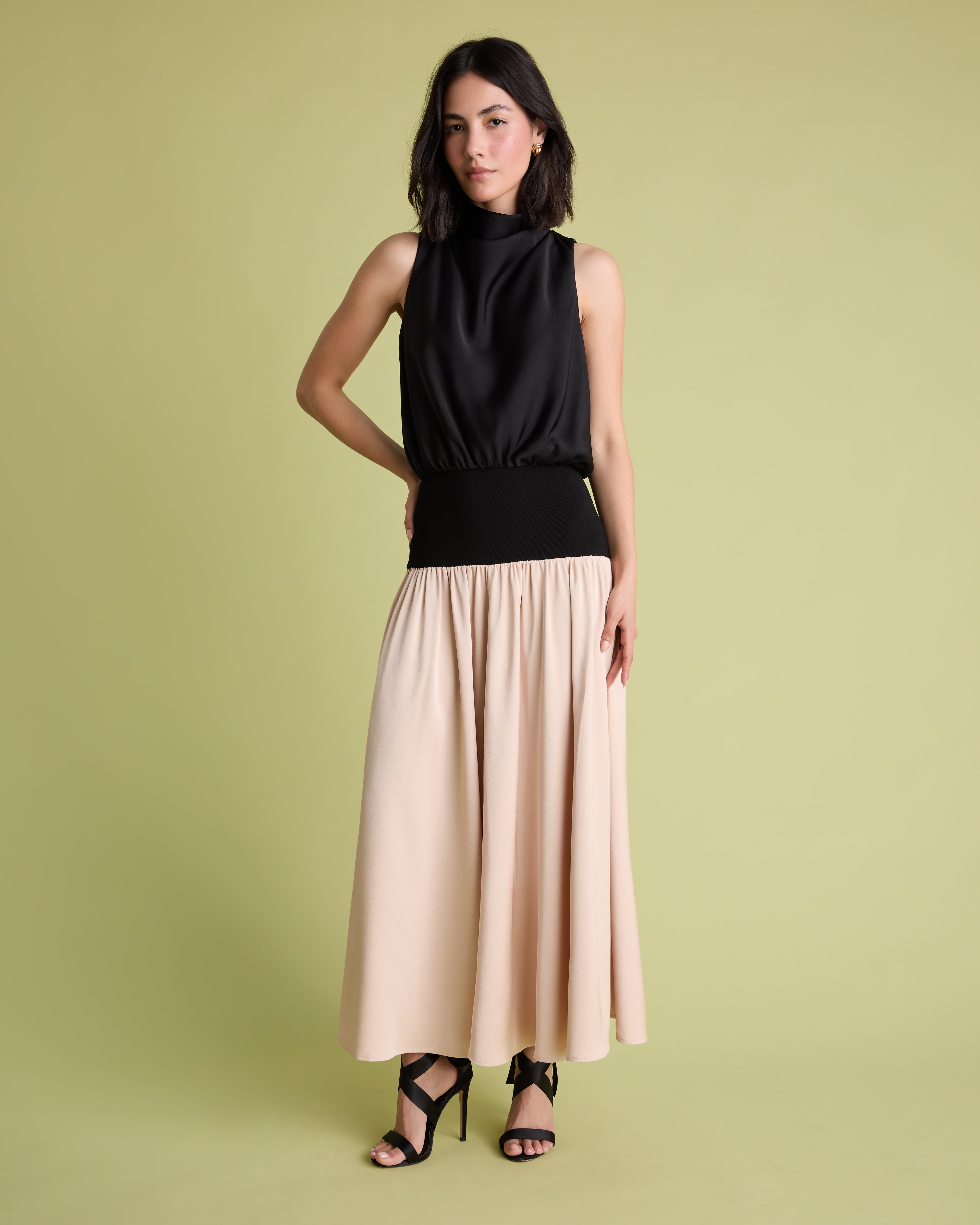 Colour Block Cowl Neck Knit & Satin Midi Dress
