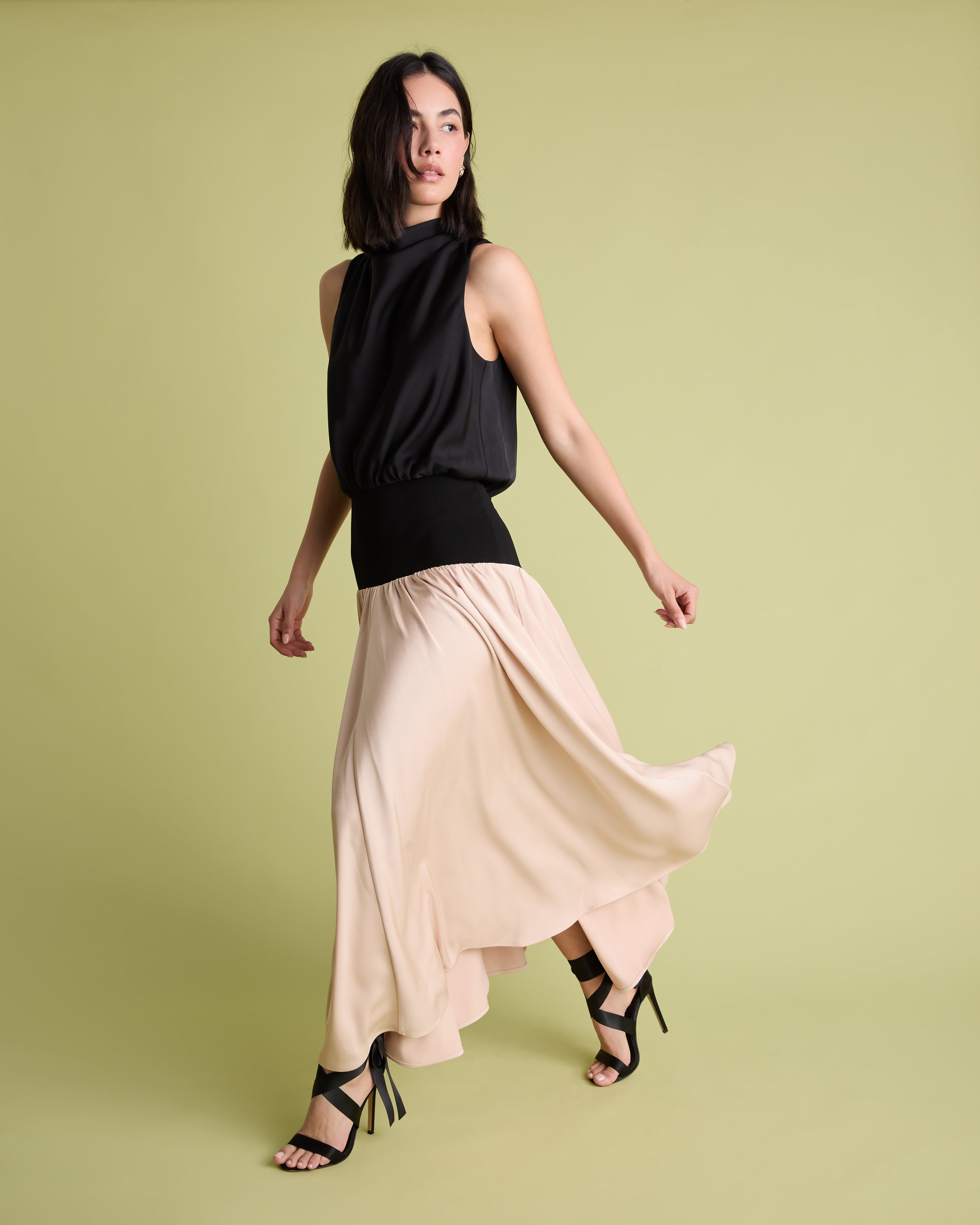 Colour Block Cowl Neck Knit & Satin Midi Dress