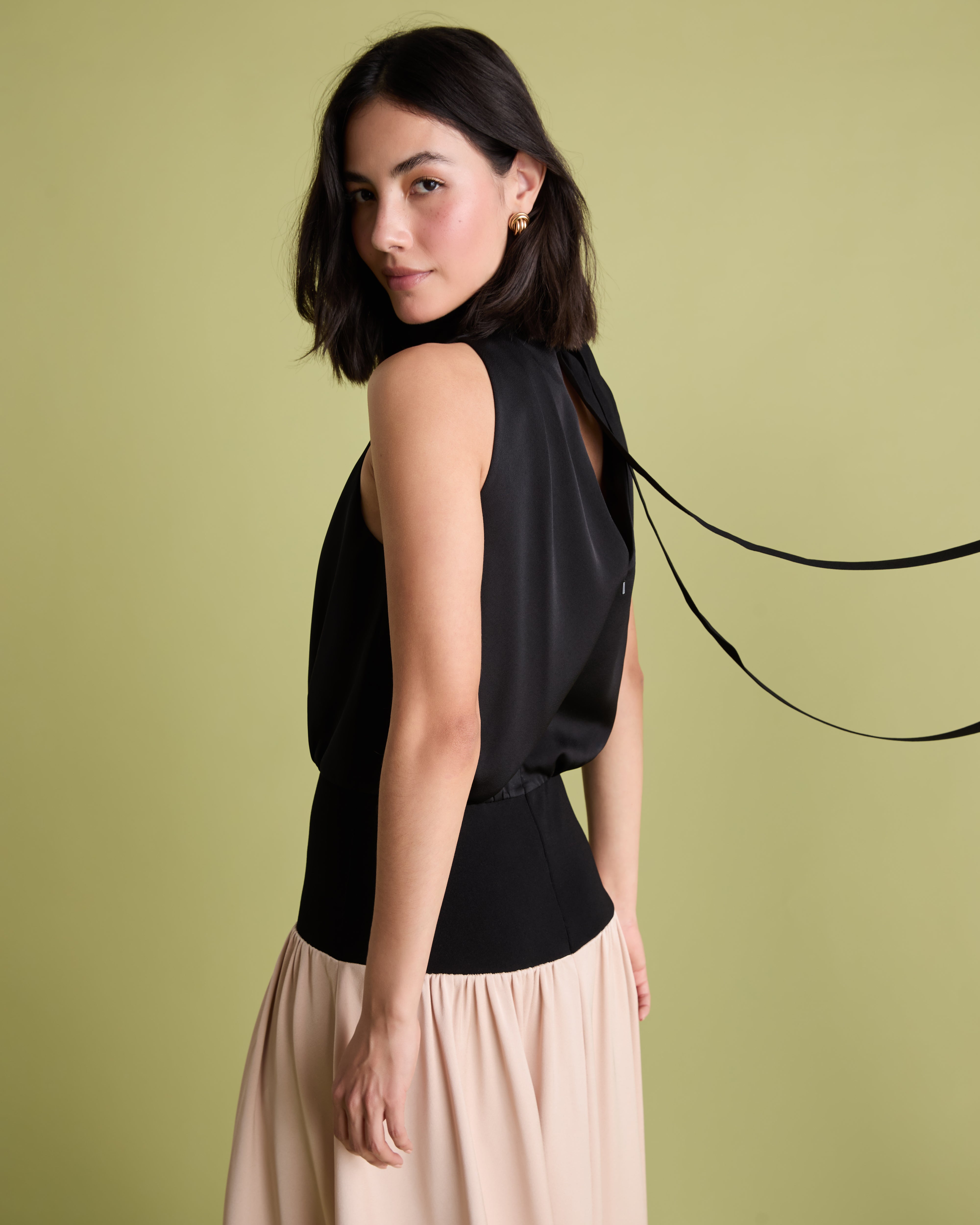 Colour Block Cowl Neck Knit & Satin Midi Dress
