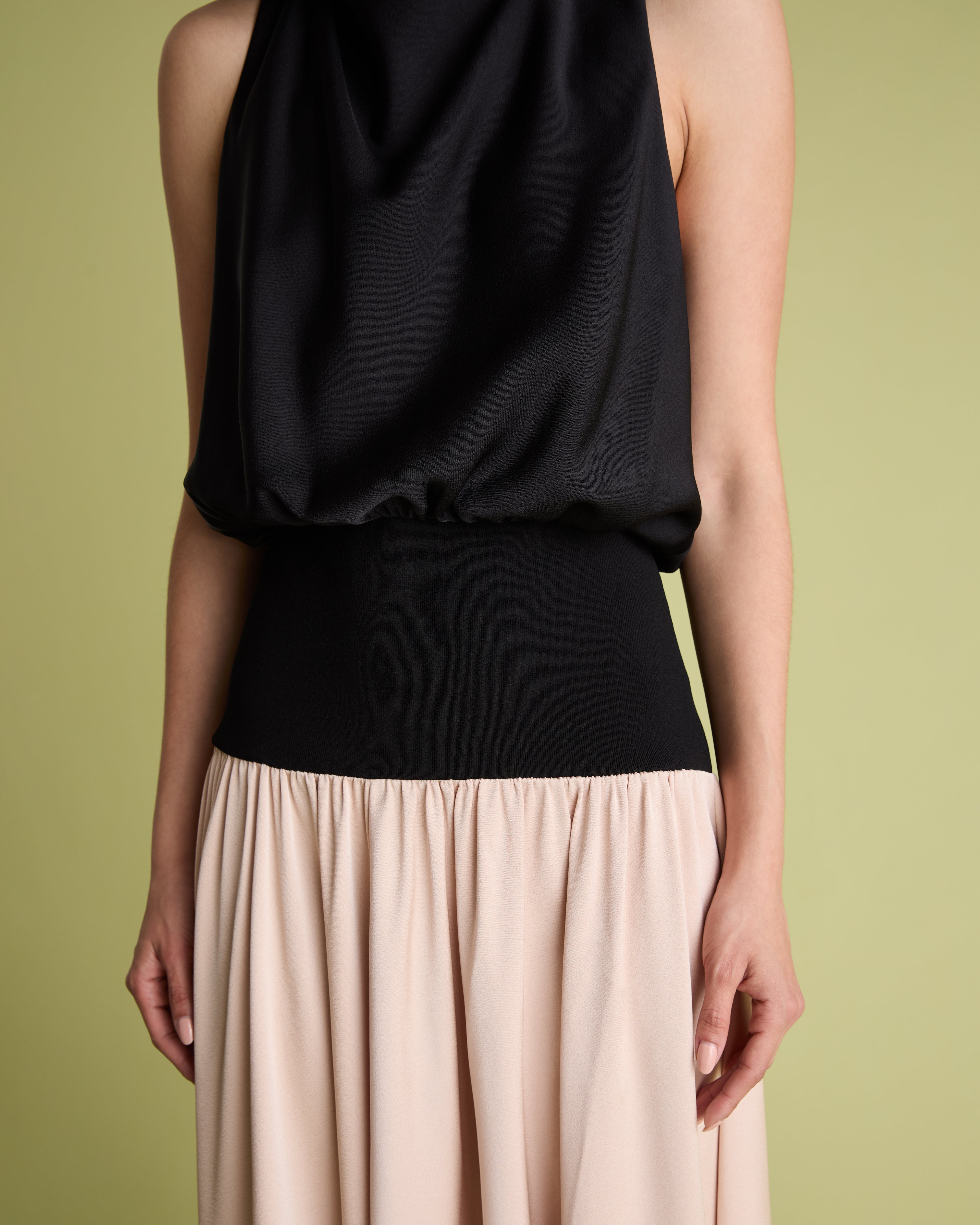Colour Block Cowl Neck Knit & Satin Midi Dress