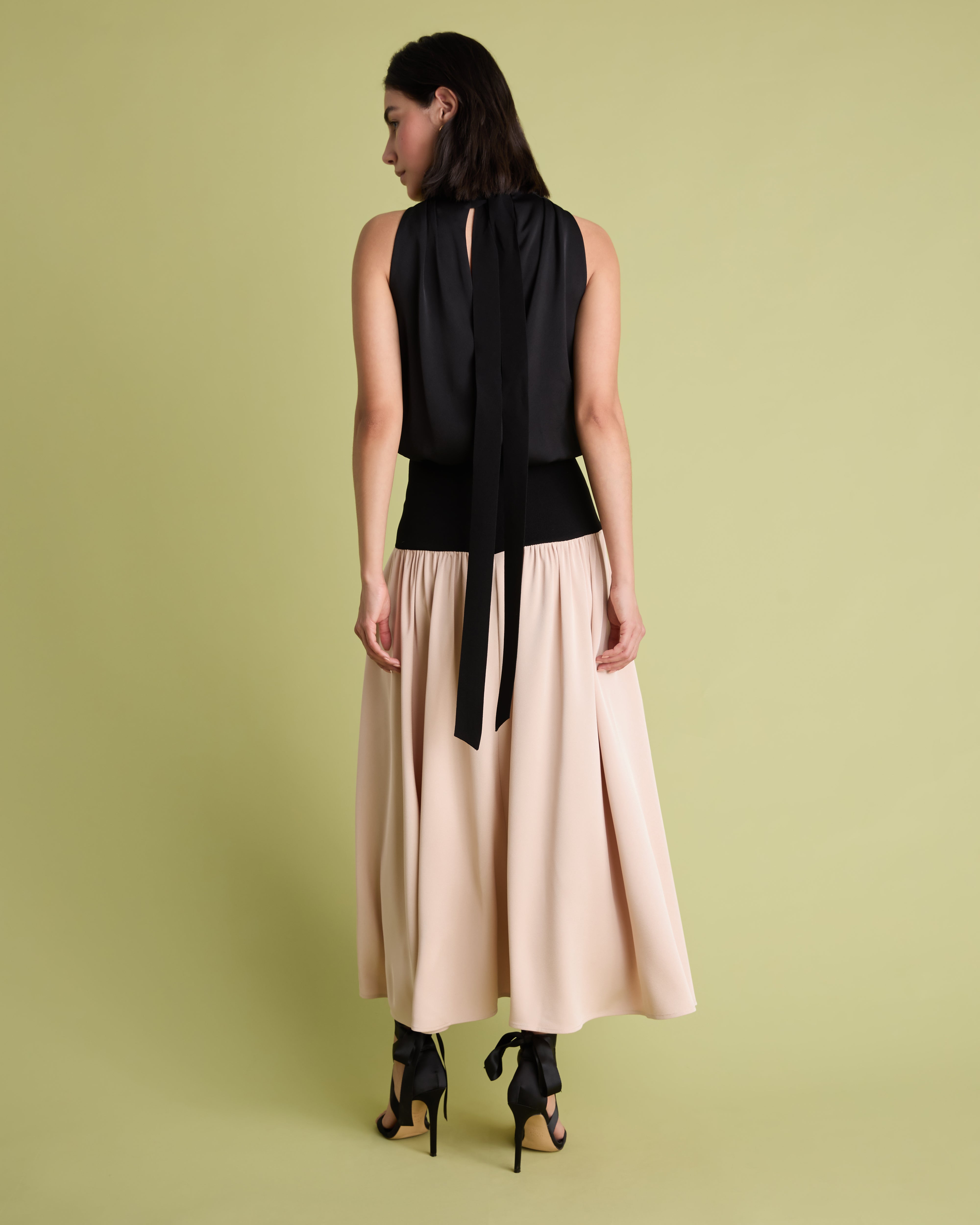 Colour Block Cowl Neck Knit & Satin Midi Dress