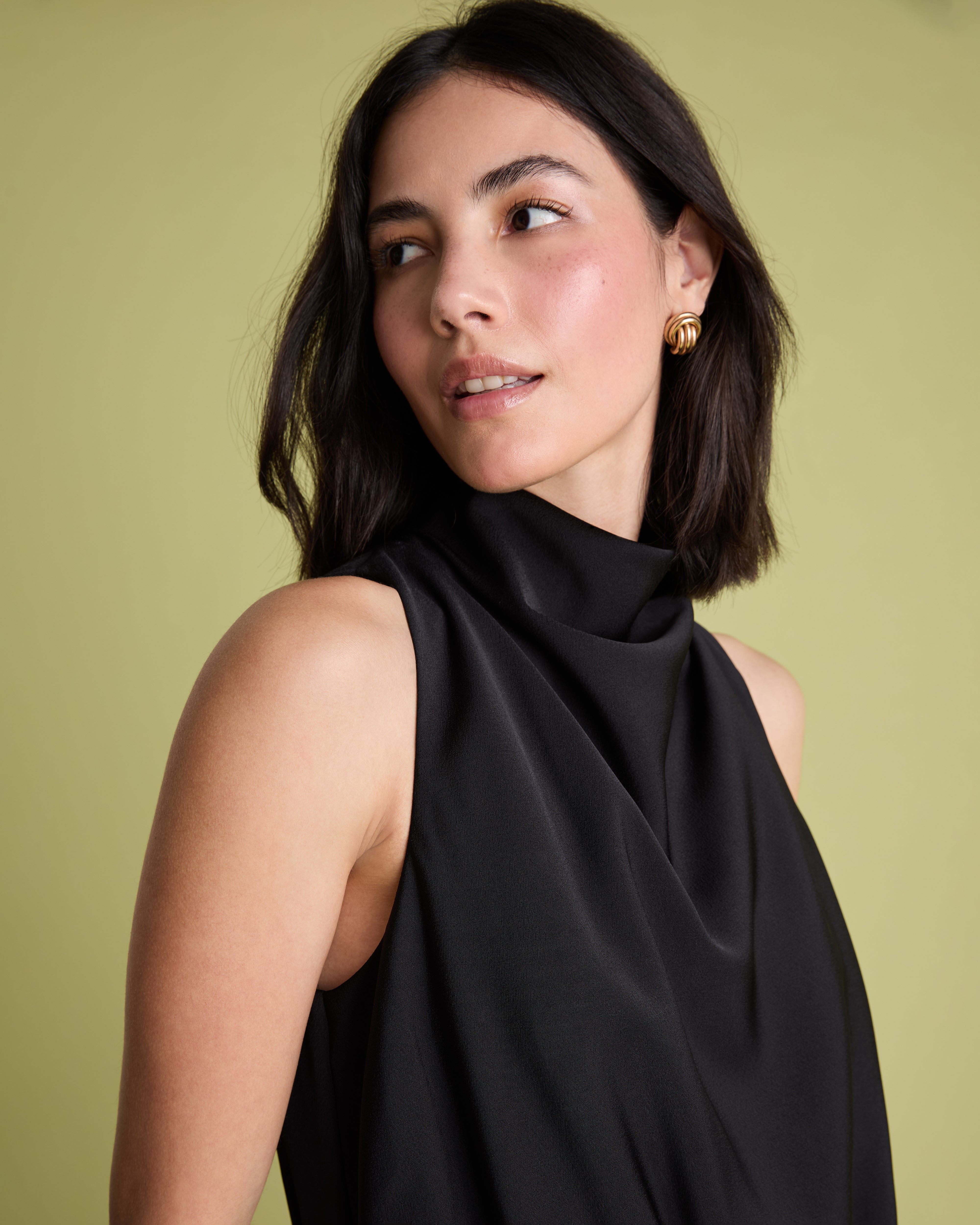 Colour Block Cowl Neck Knit & Satin Midi Dress