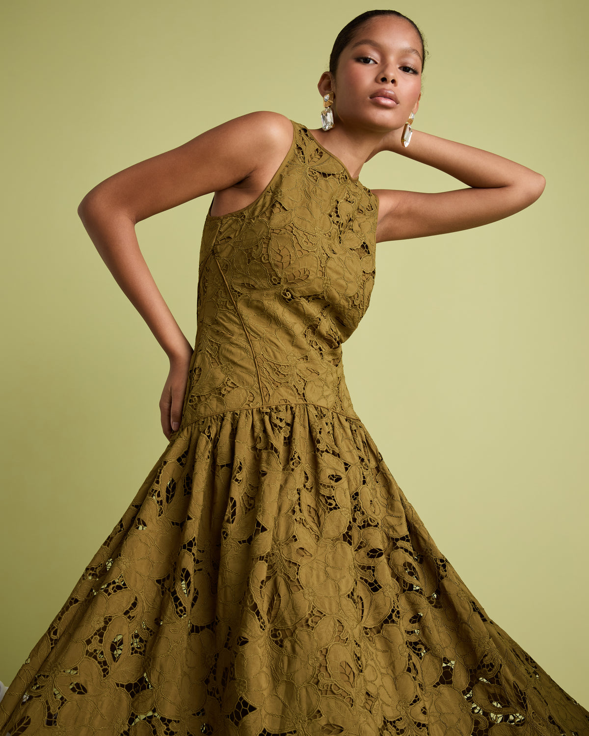 Olive Green Lace Fit and Flare Midi Dress