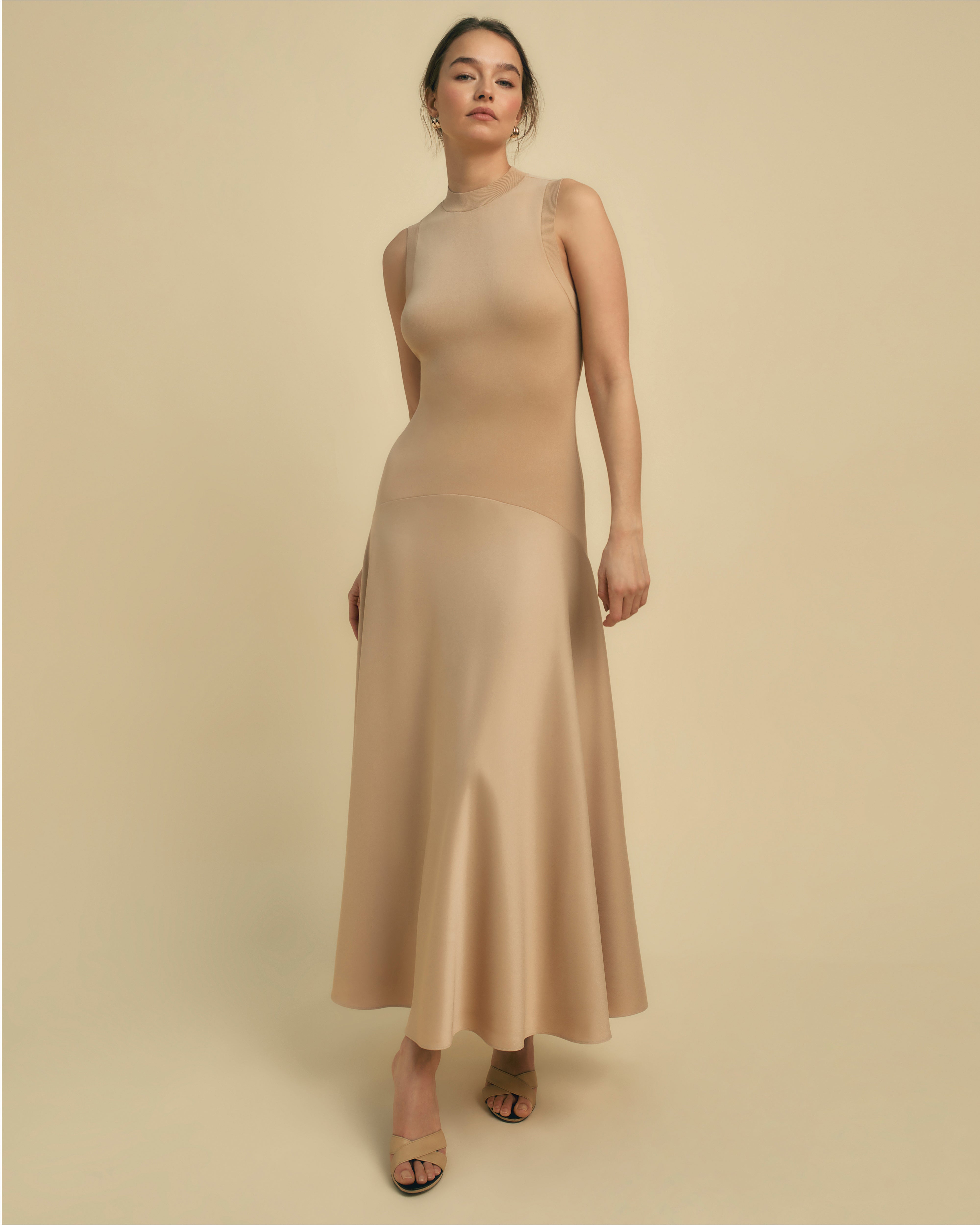 Sleeveless Knit And Satin Midi Dress