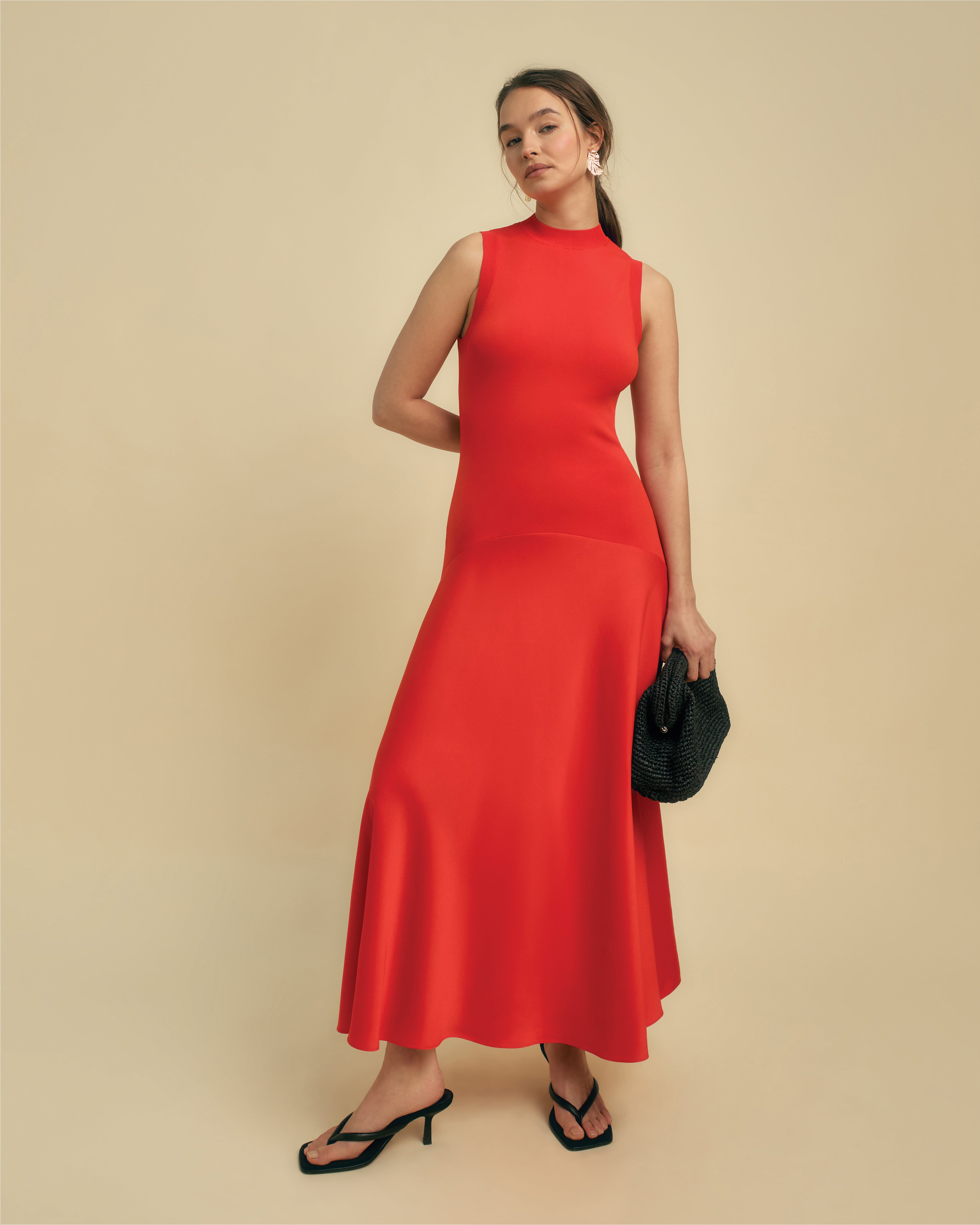 Sleeveless Knit And Satin Midi Dress