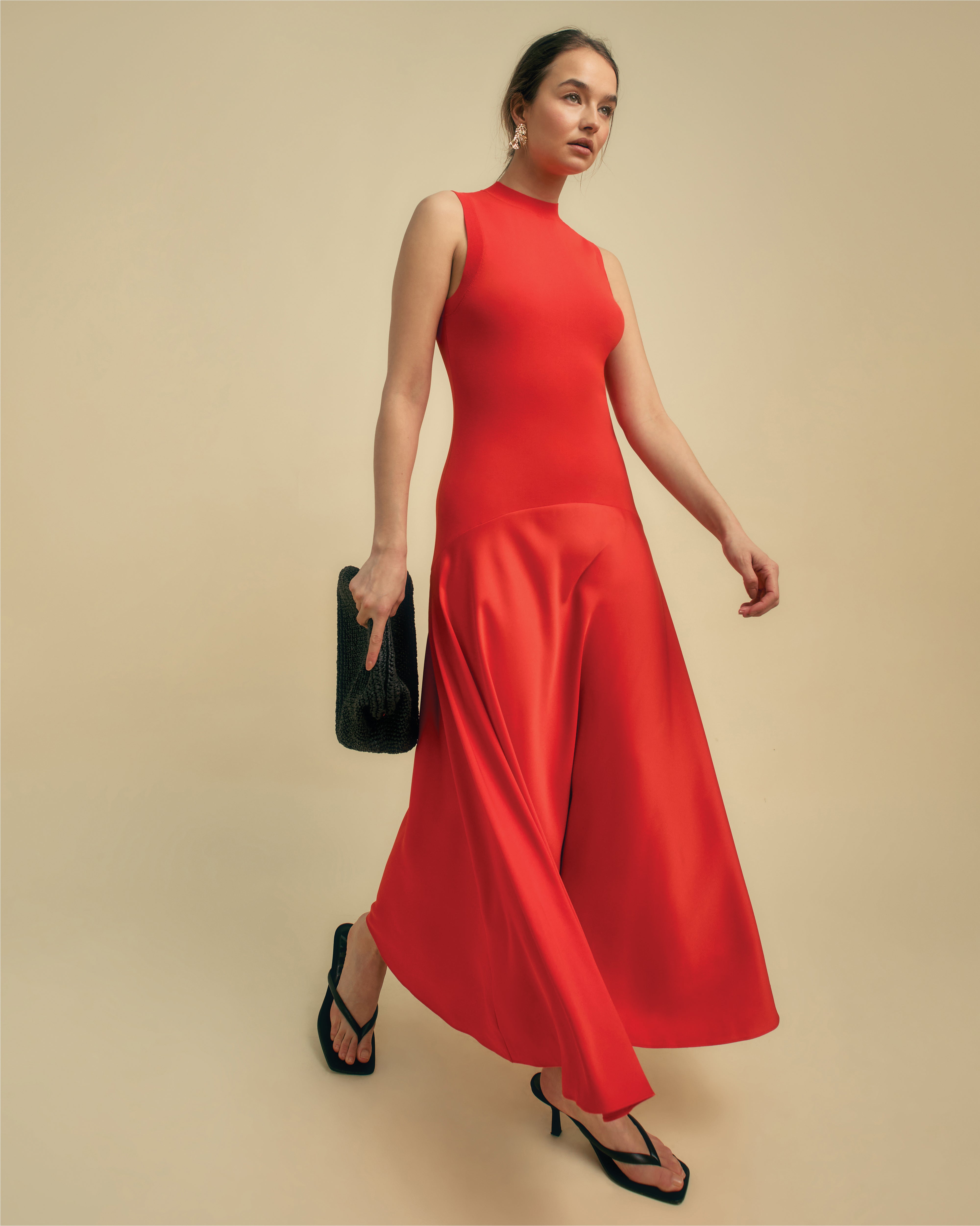 Sleeveless Knit And Satin Midi Dress