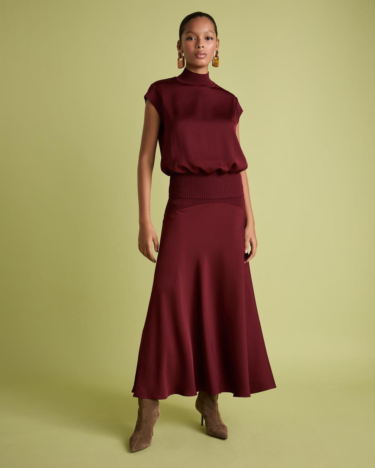 Rust Satin Midi Skirt with Knit Rib Waistband