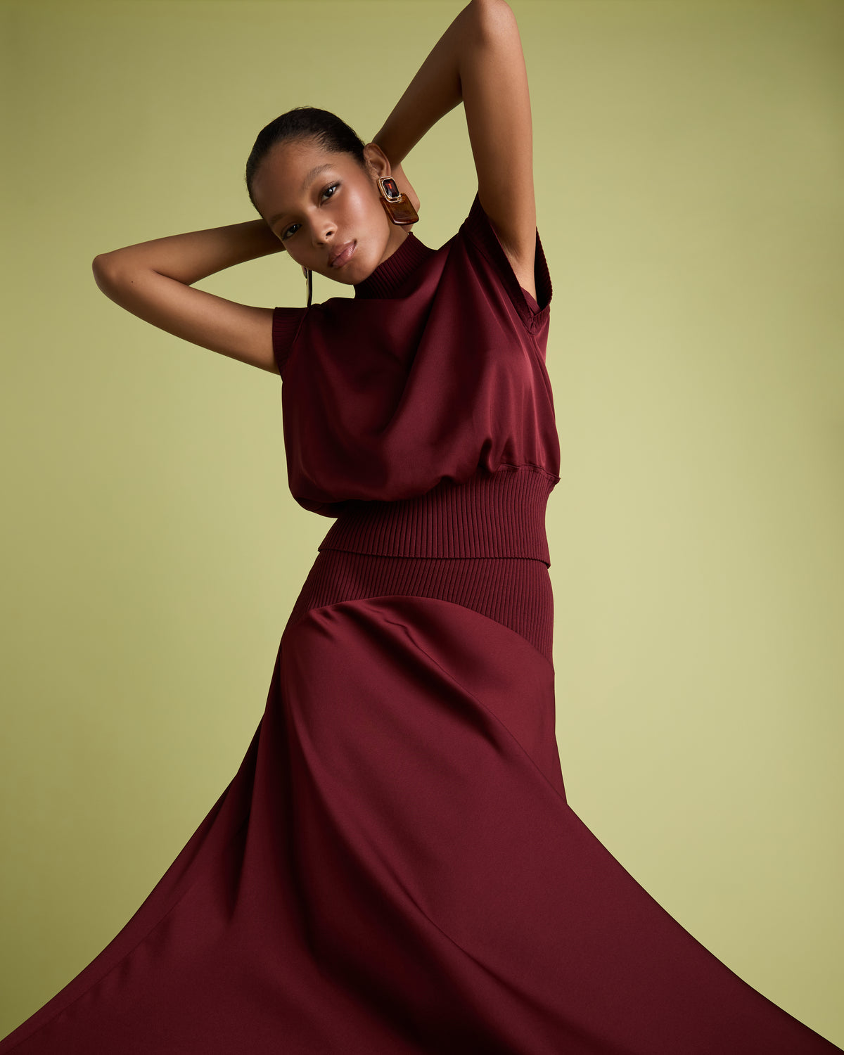 Rust Satin Midi Skirt with Knit Rib Waistband