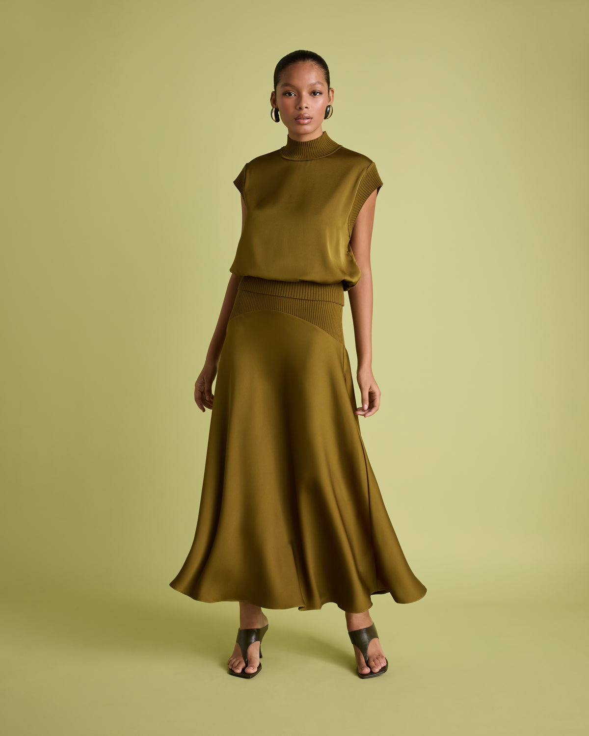 Olive Green Satin Midi Skirt with Knit Rib Waistband