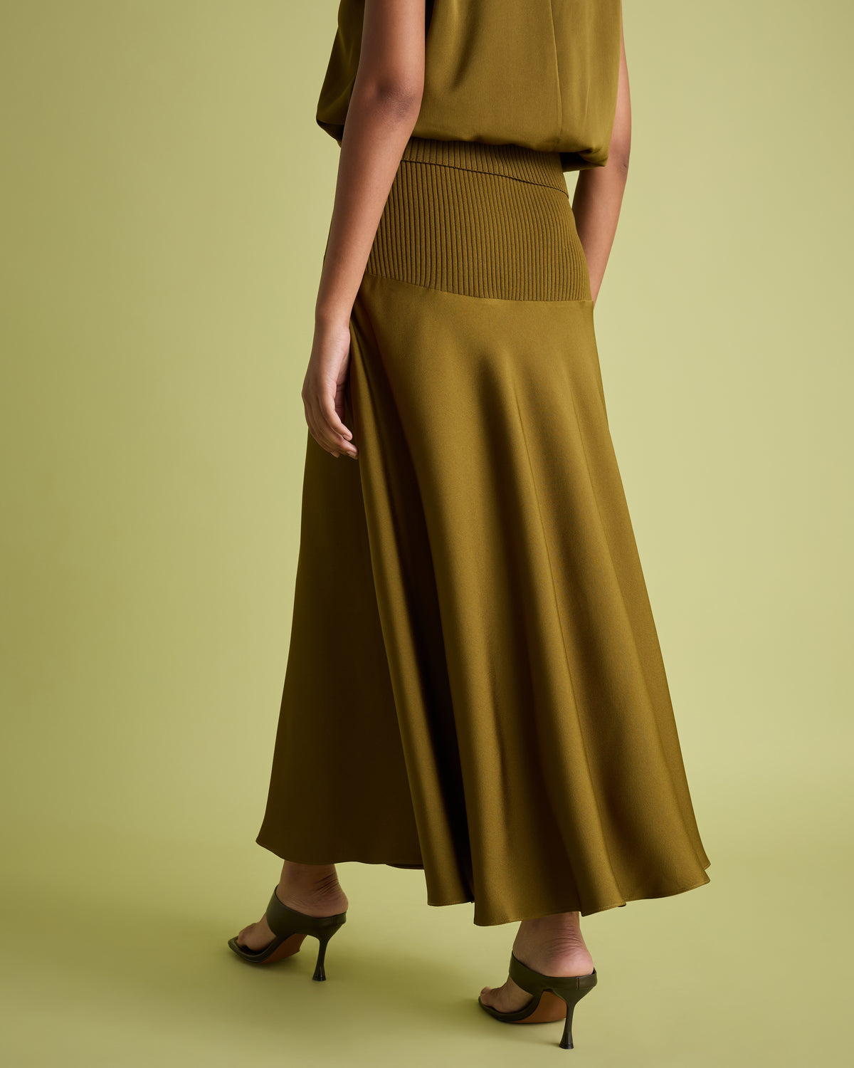 Olive Green Satin Midi Skirt with Knit Rib Waistband
