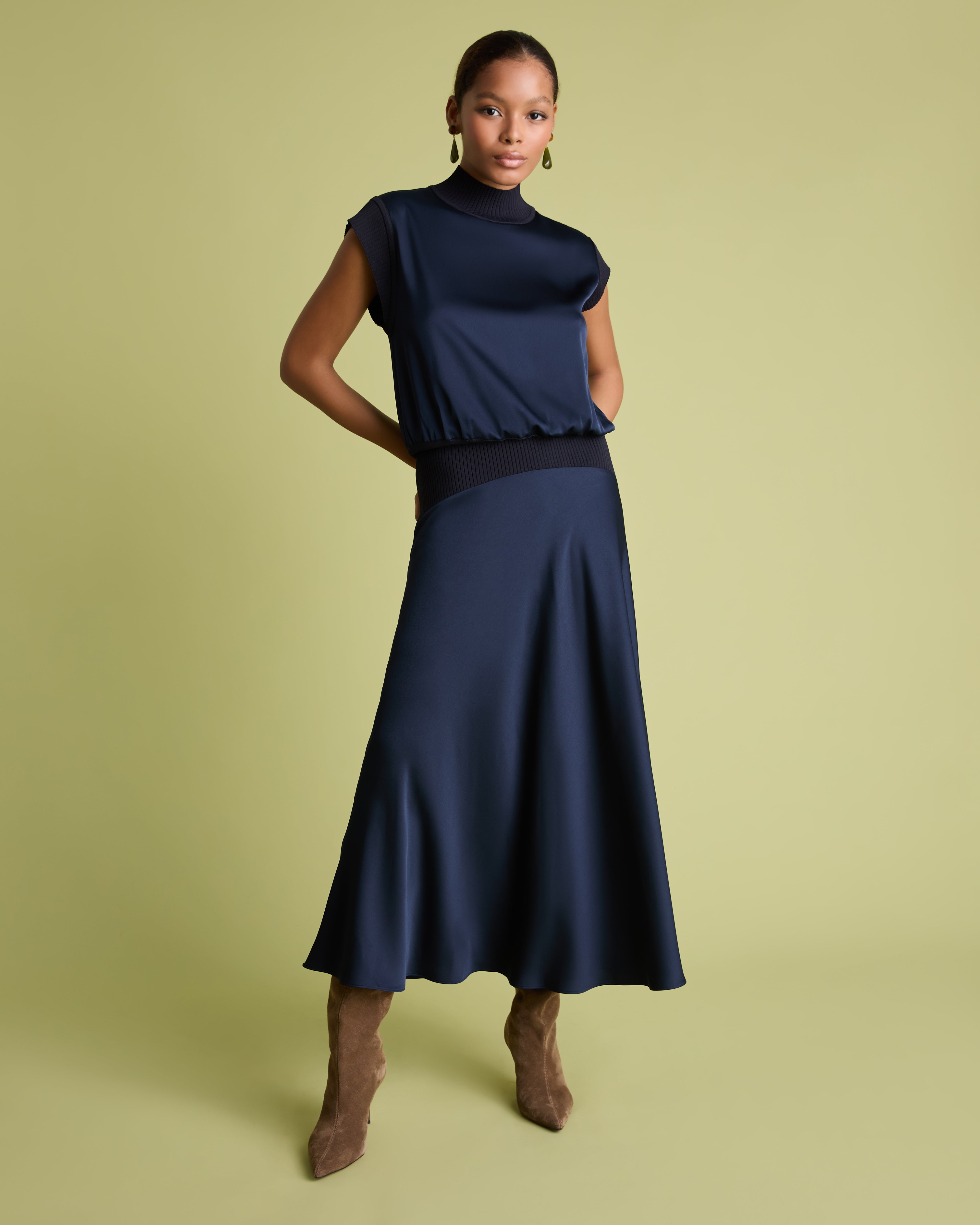 Navy Satin Midi Skirt with Knit Rib Waistband