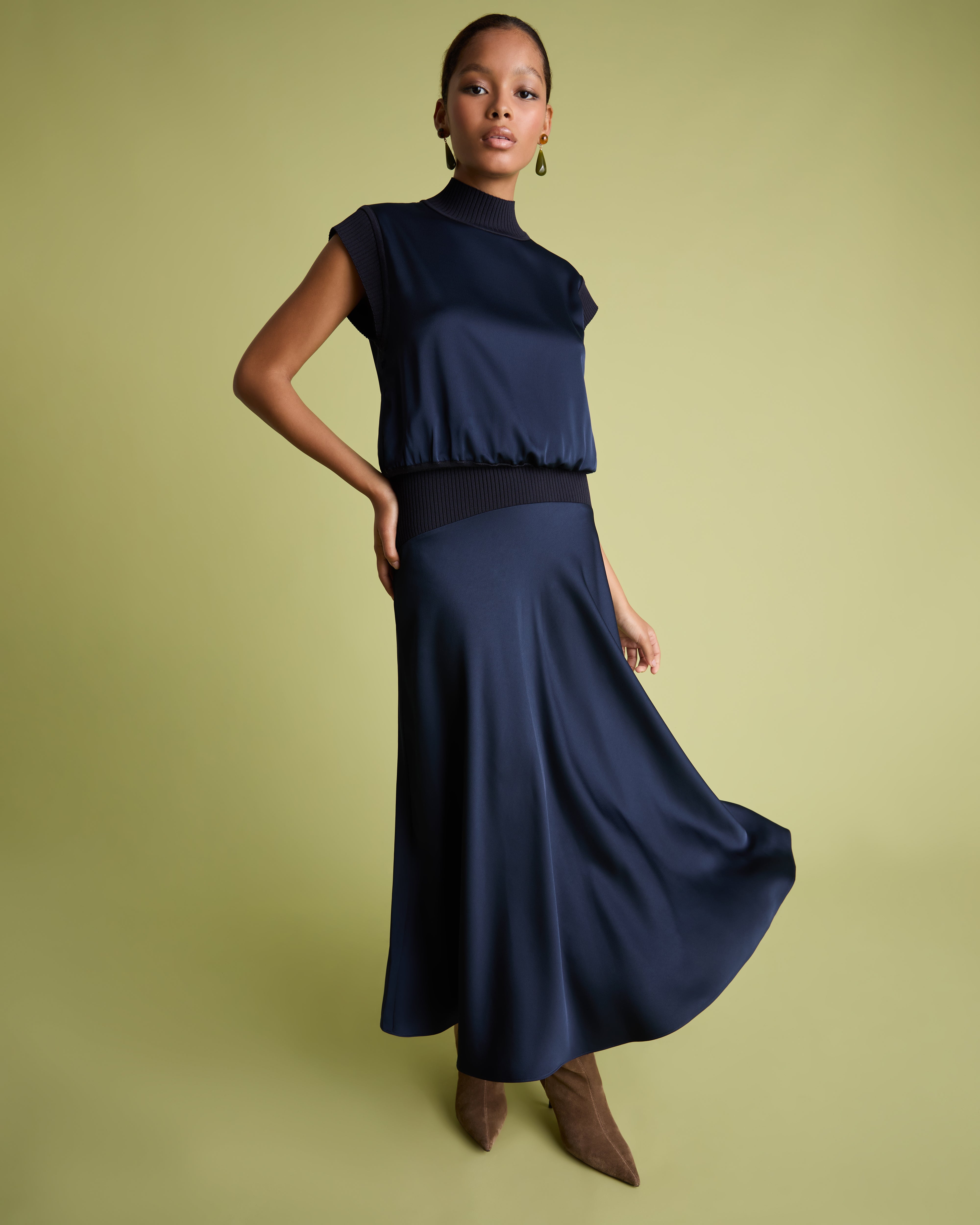 Navy Satin Midi Skirt with Knit Rib Waistband