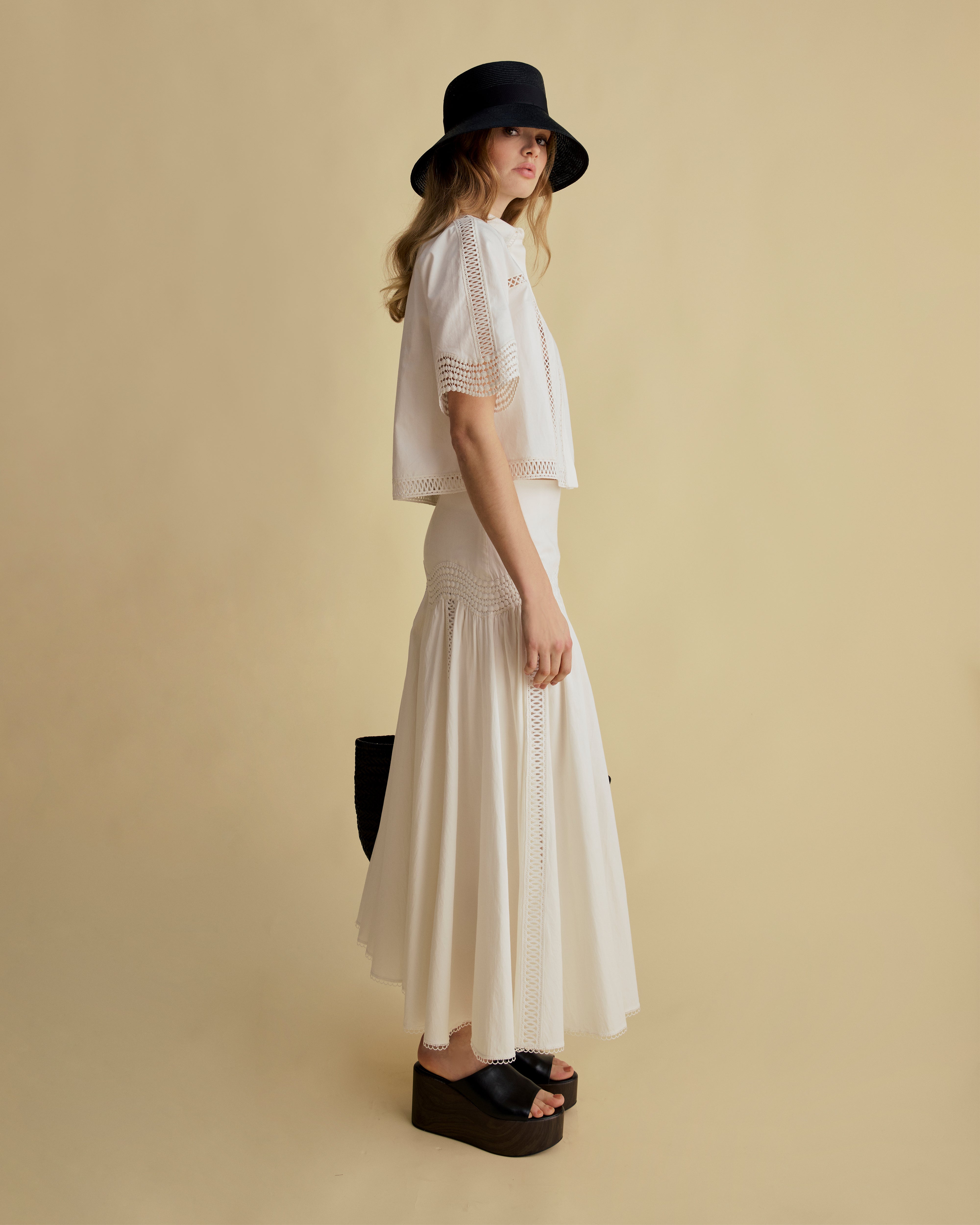 Lace Detail Cotton Midi Skirt