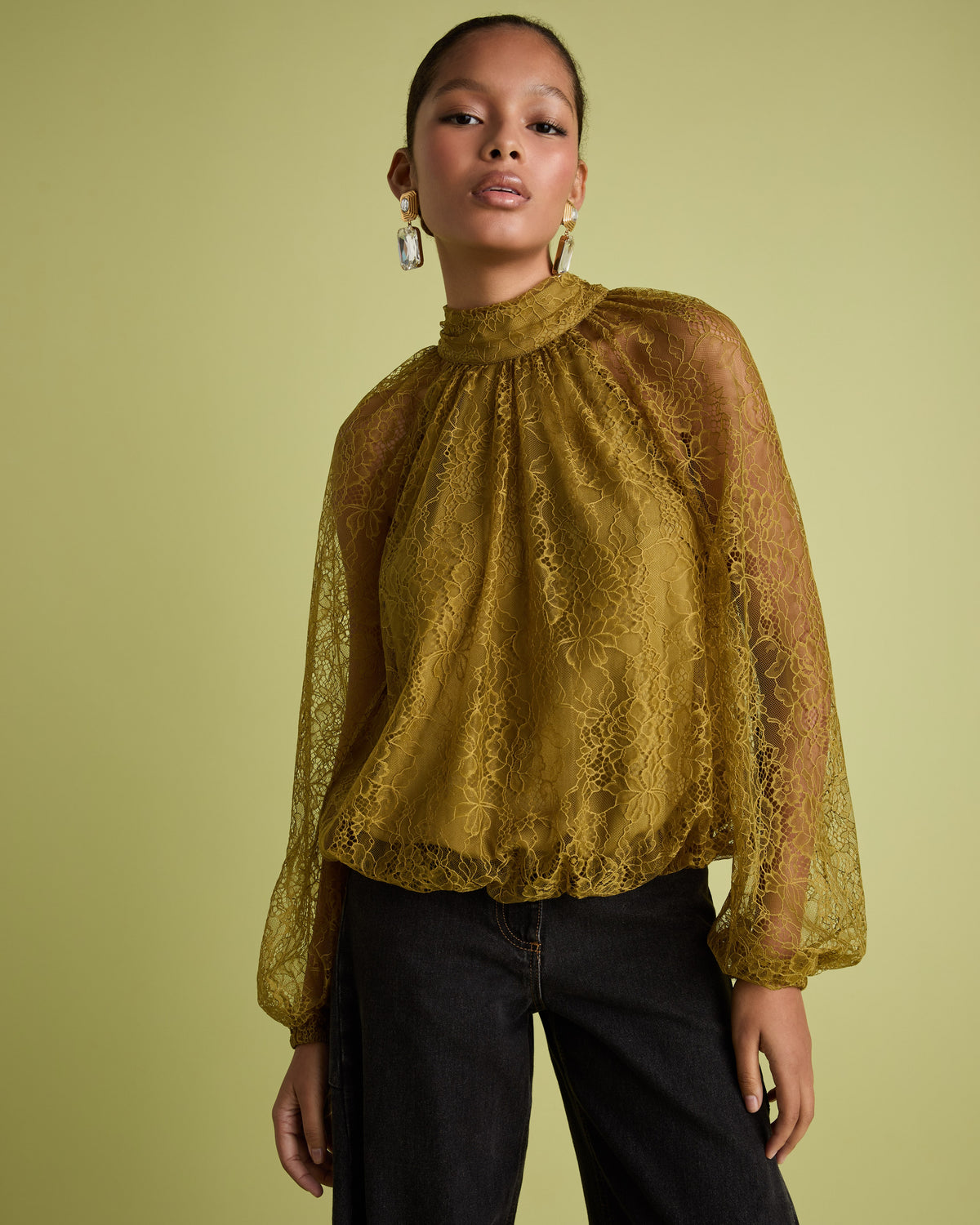 Olive Green Lace Long Sleeve Blouse