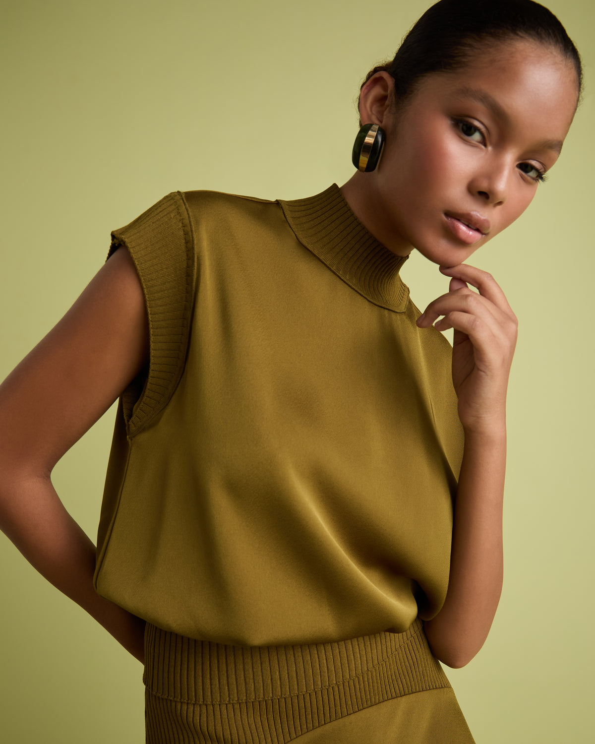 Olive Green Sleeveless Satin Top With Knit Rib Detail