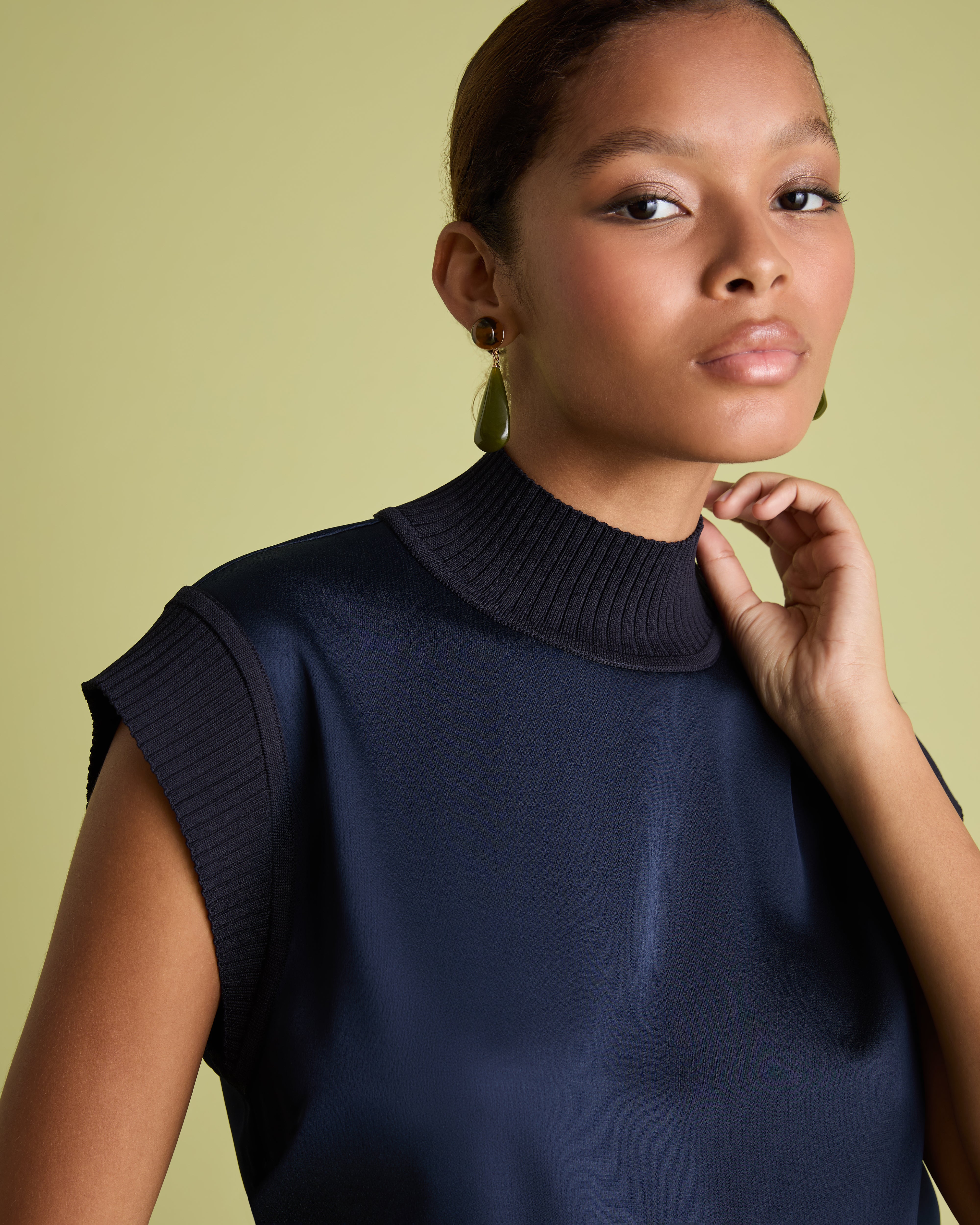 Navy Sleeveless Satin Top with Knit Rib Detail