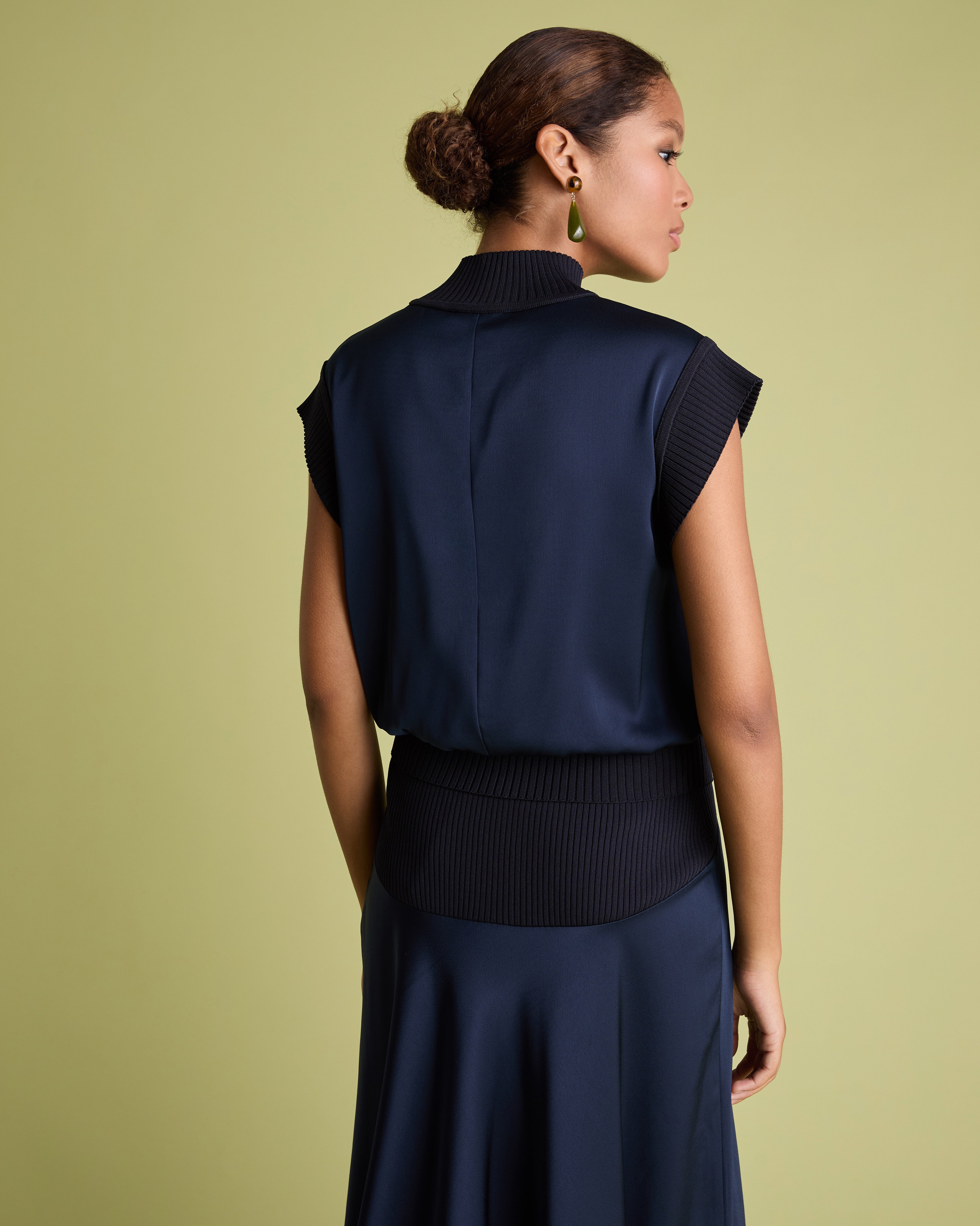 Navy Sleeveless Satin Top with Knit Rib Detail