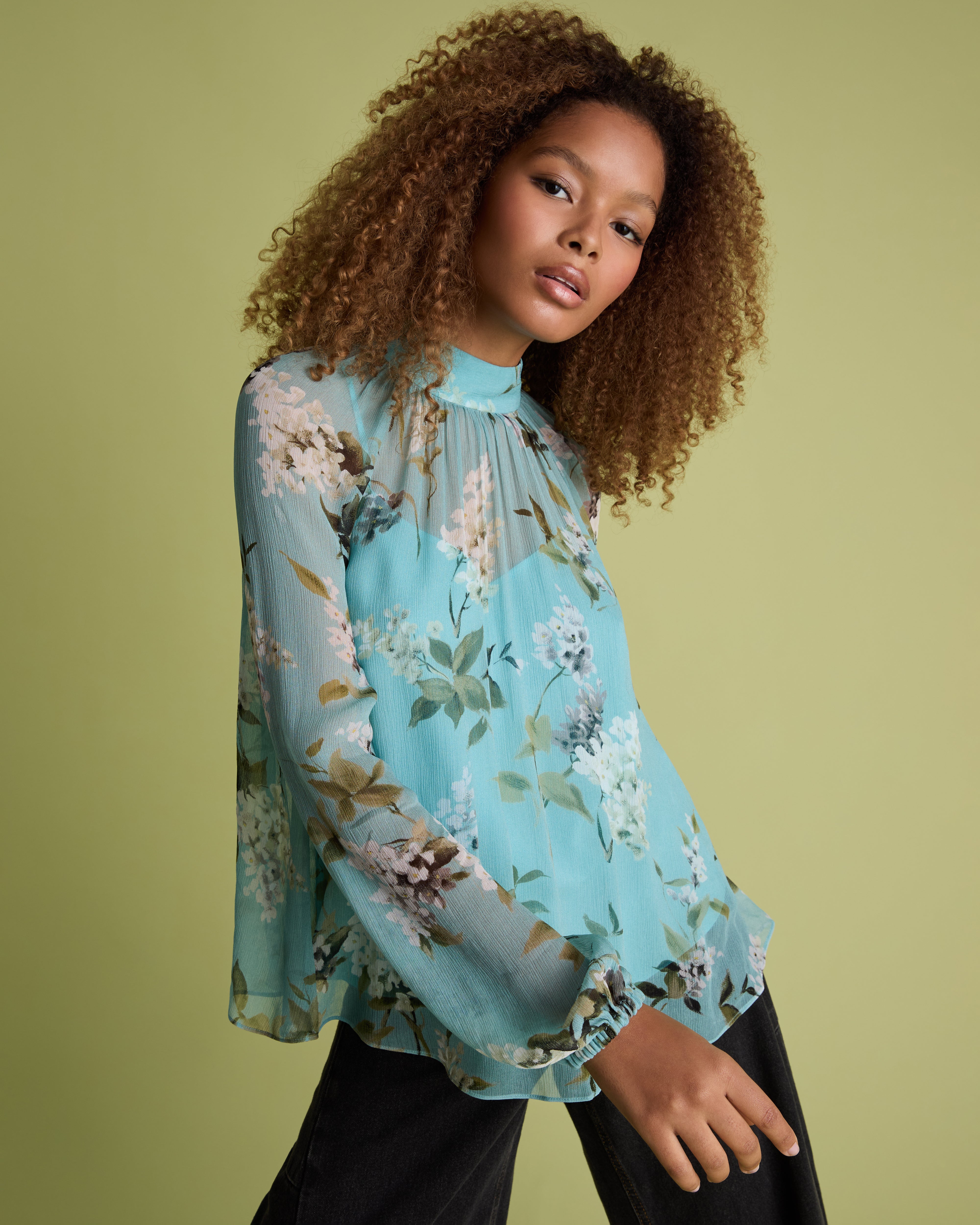 Blue Floral Blouson Sleeve Blouse