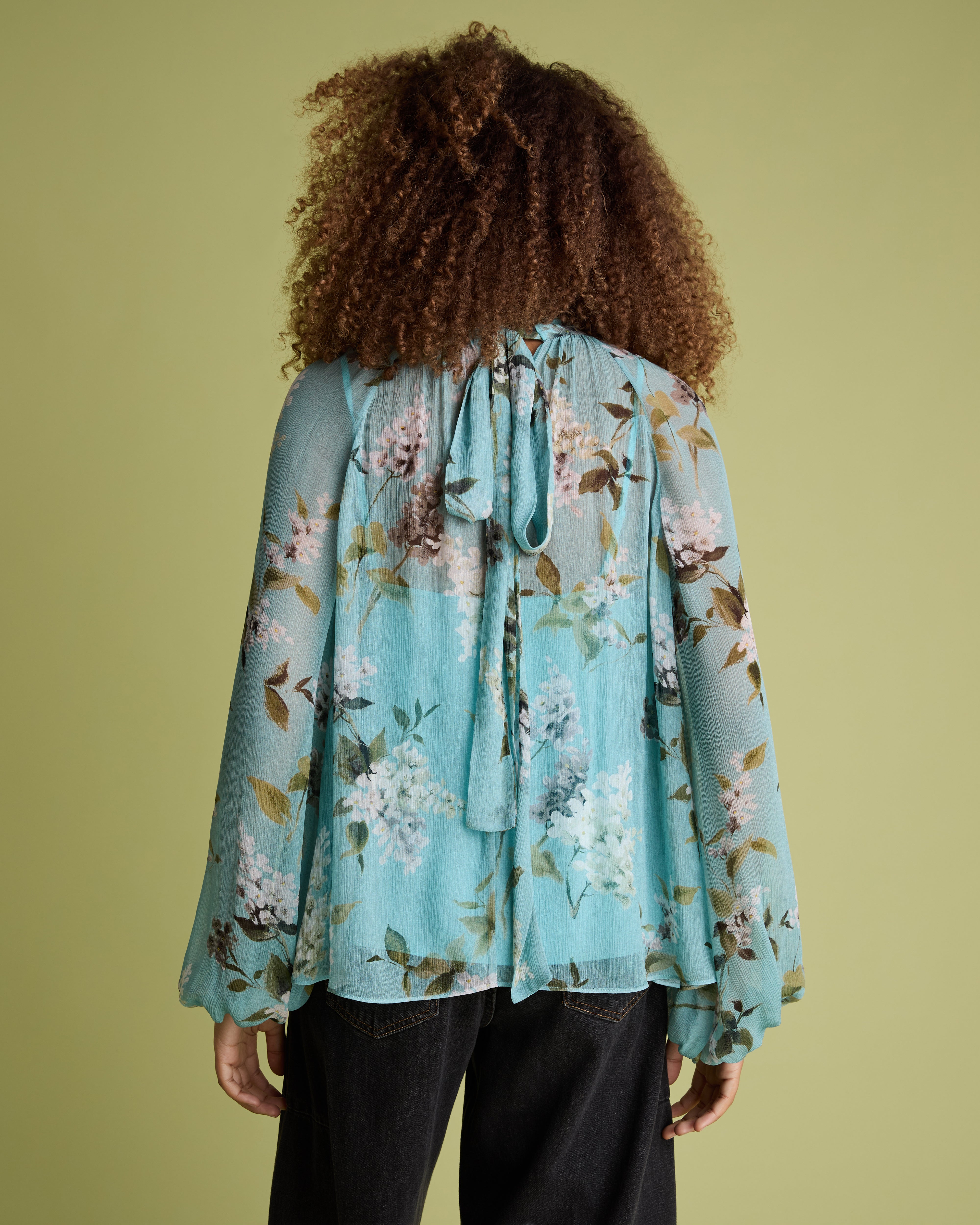Blue Floral Blouson Sleeve Blouse
