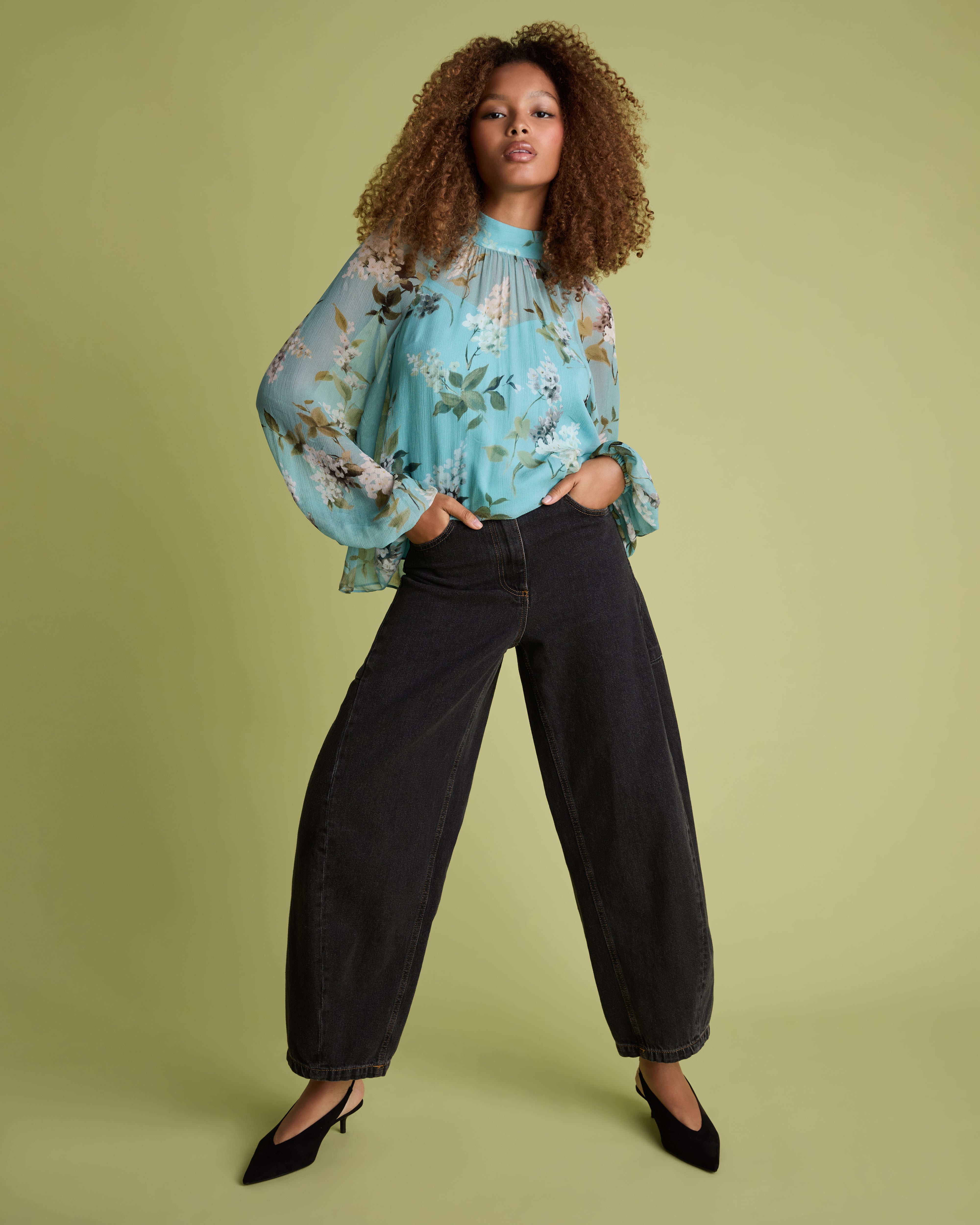 Blue Floral Blouson Sleeve Blouse
