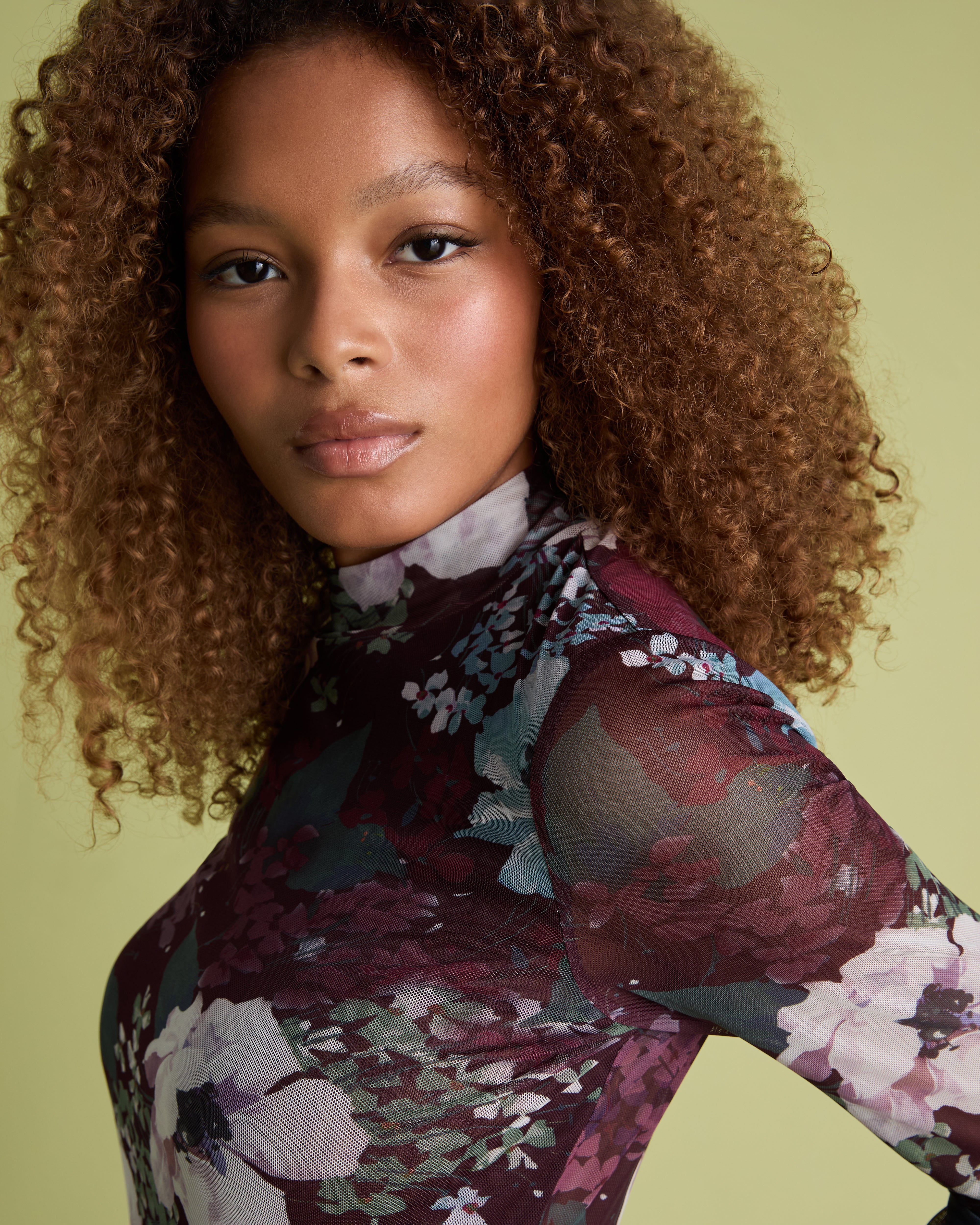 Burgundy Floral Long Sleeve Mesh Top