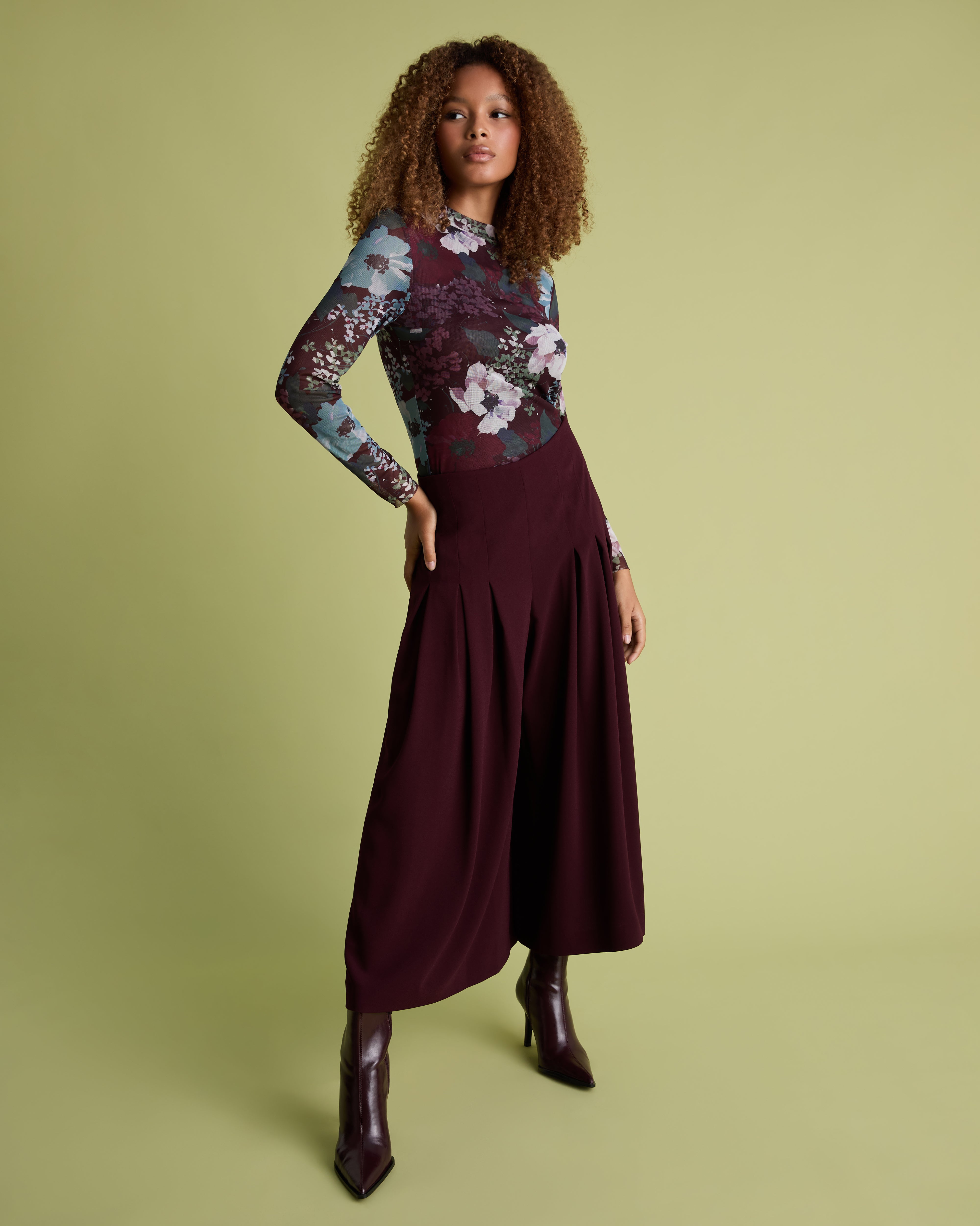 Burgundy Floral Long Sleeve Mesh Top