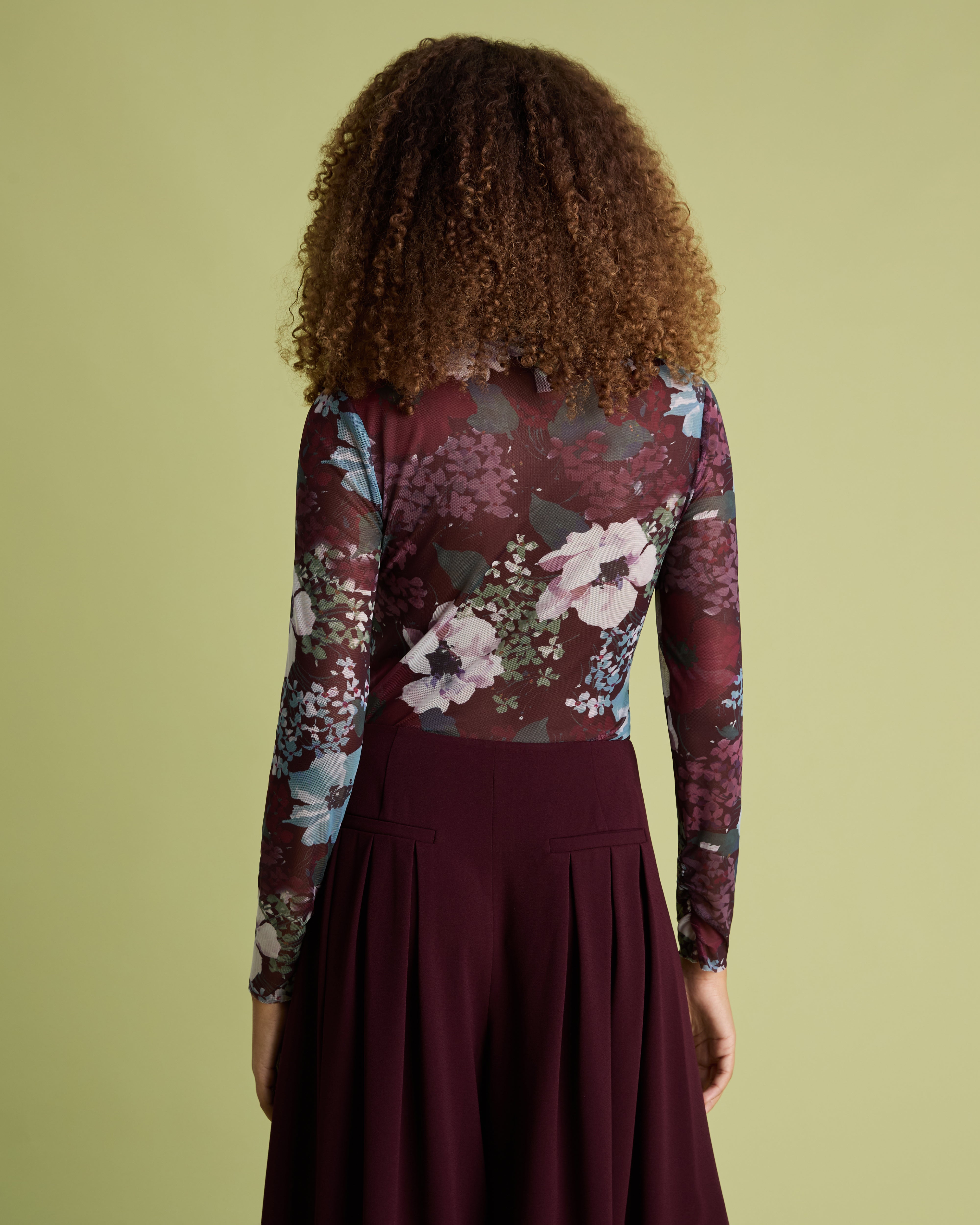 Burgundy Floral Long Sleeve Mesh Top