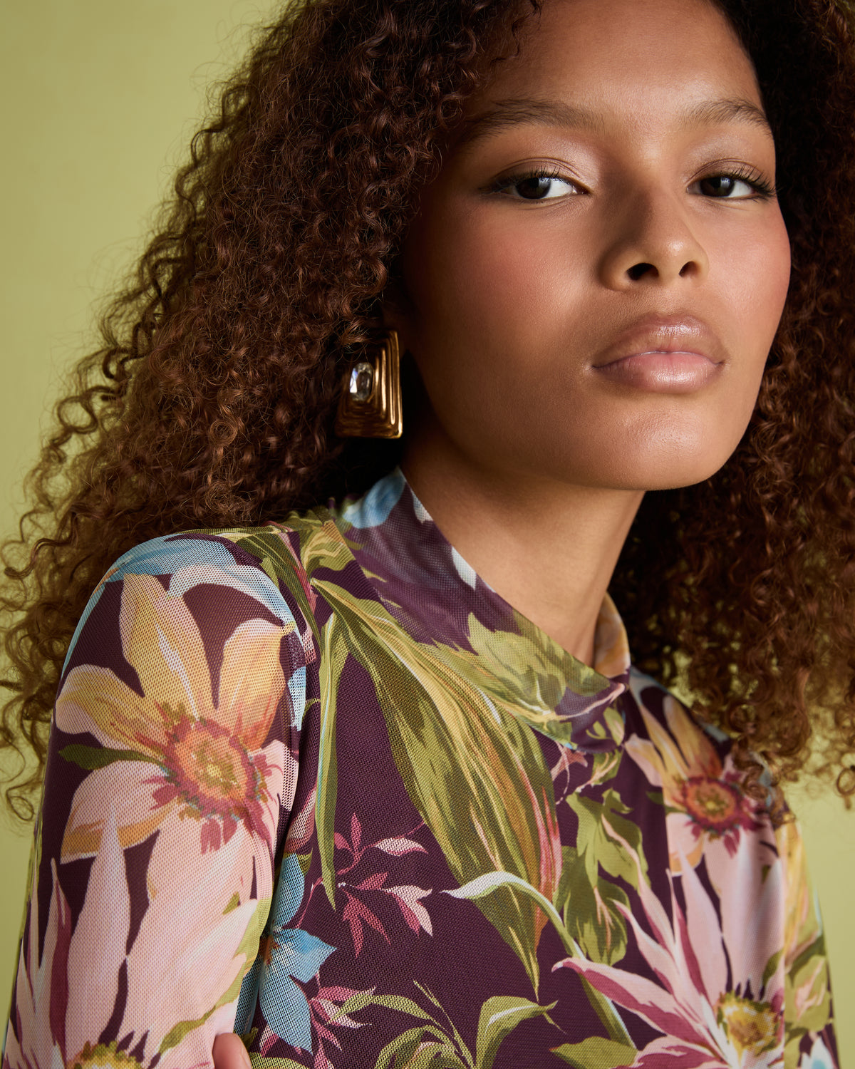 Floral Print Long Sleeve Mesh Top