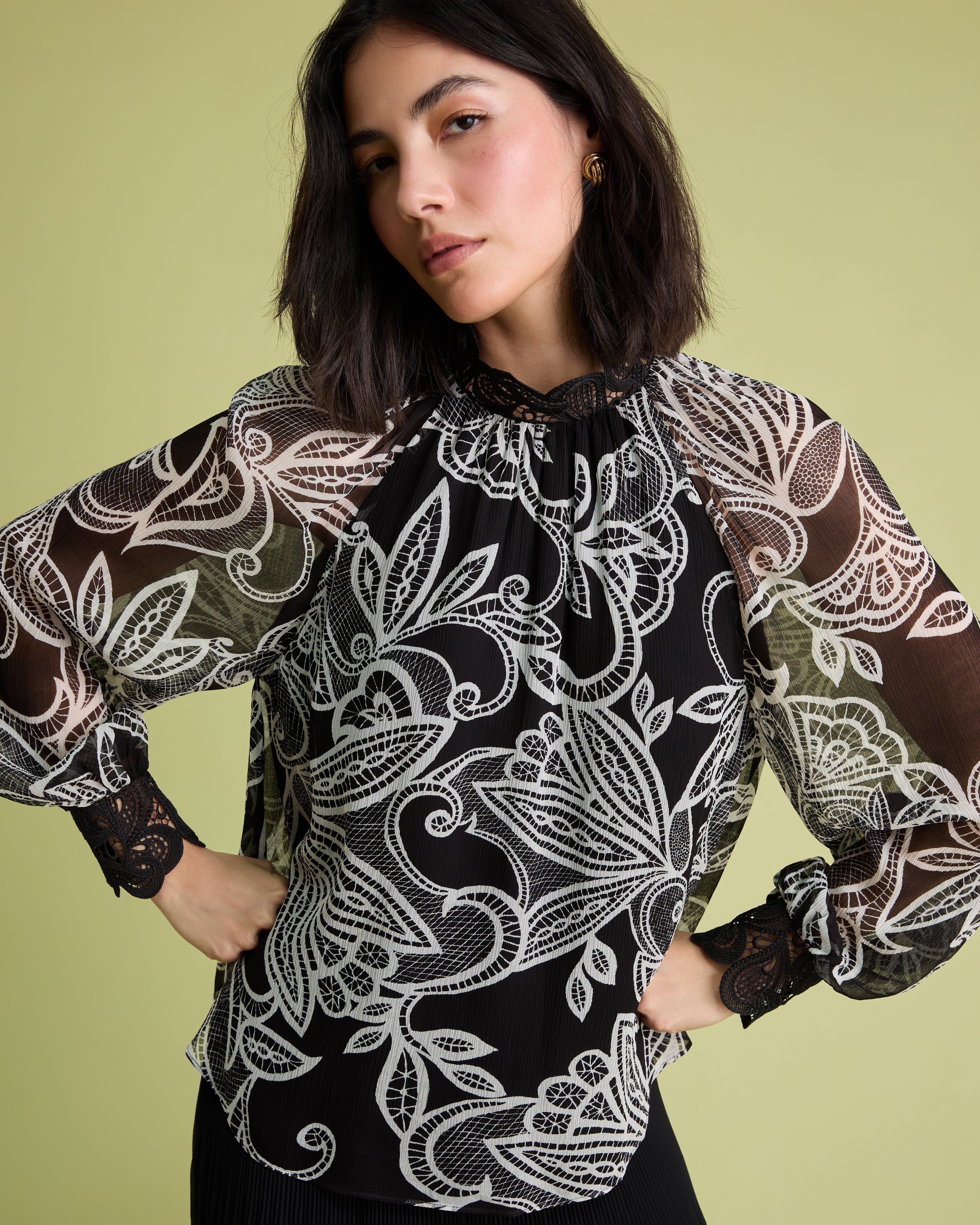Lace Print Long Sleeve Blouse