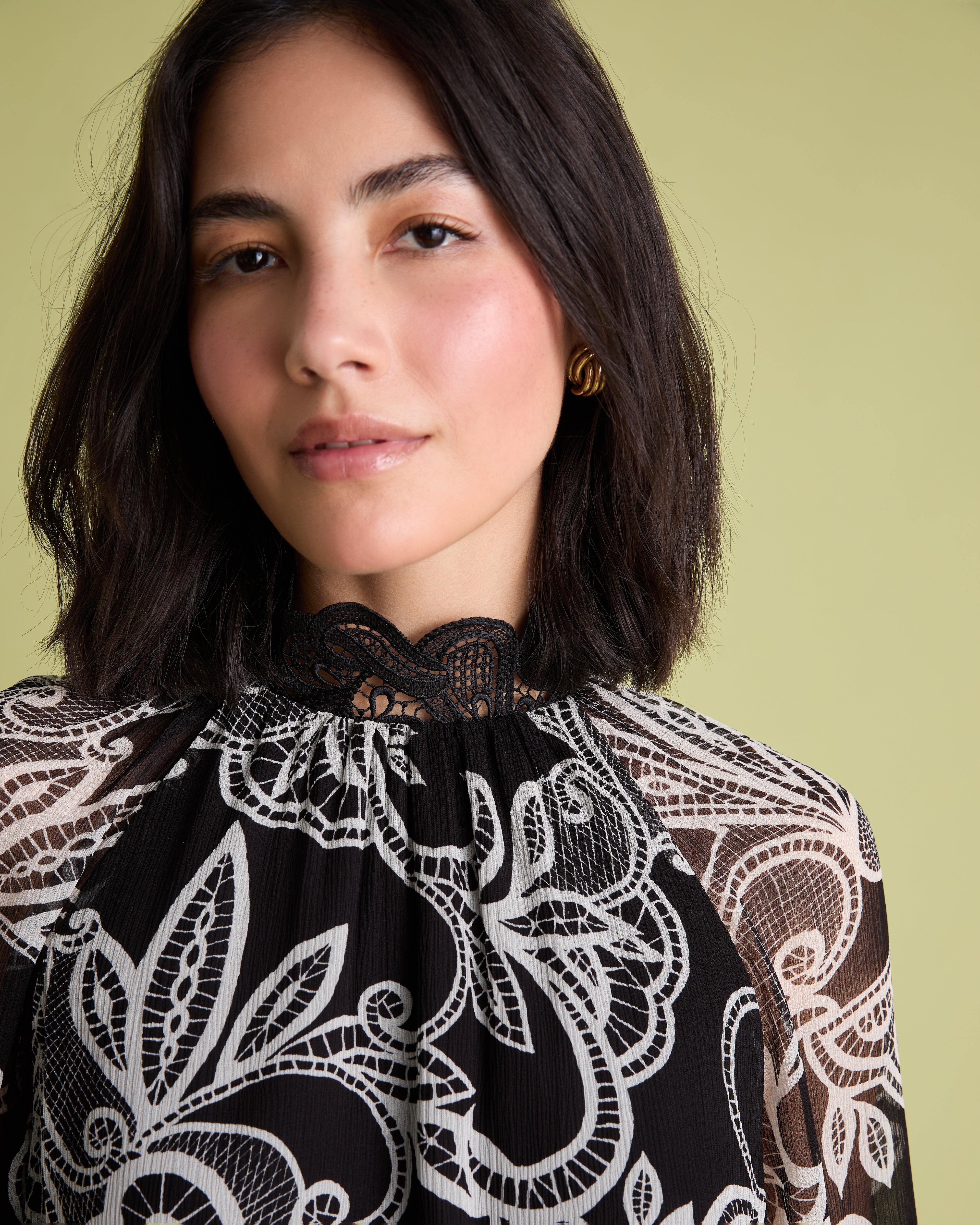 Lace Print Long Sleeve Blouse