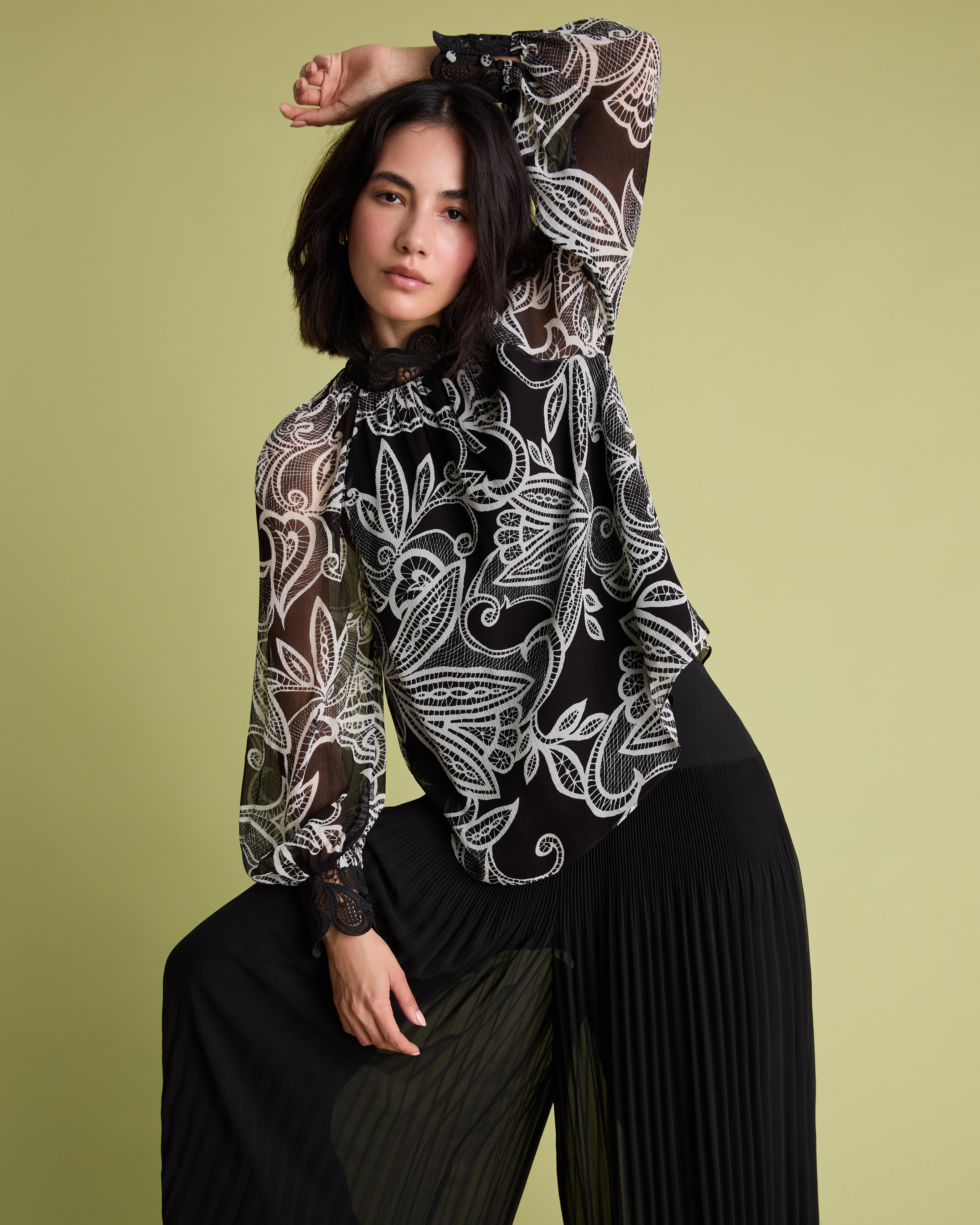 Lace Print Long Sleeve Blouse
